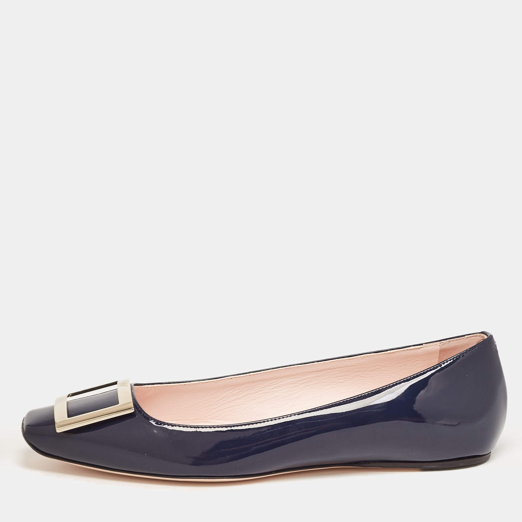 Pre Owned Roger Vivier Navy Blue Patent Leather Trompette Ballet Flats Size 38.5