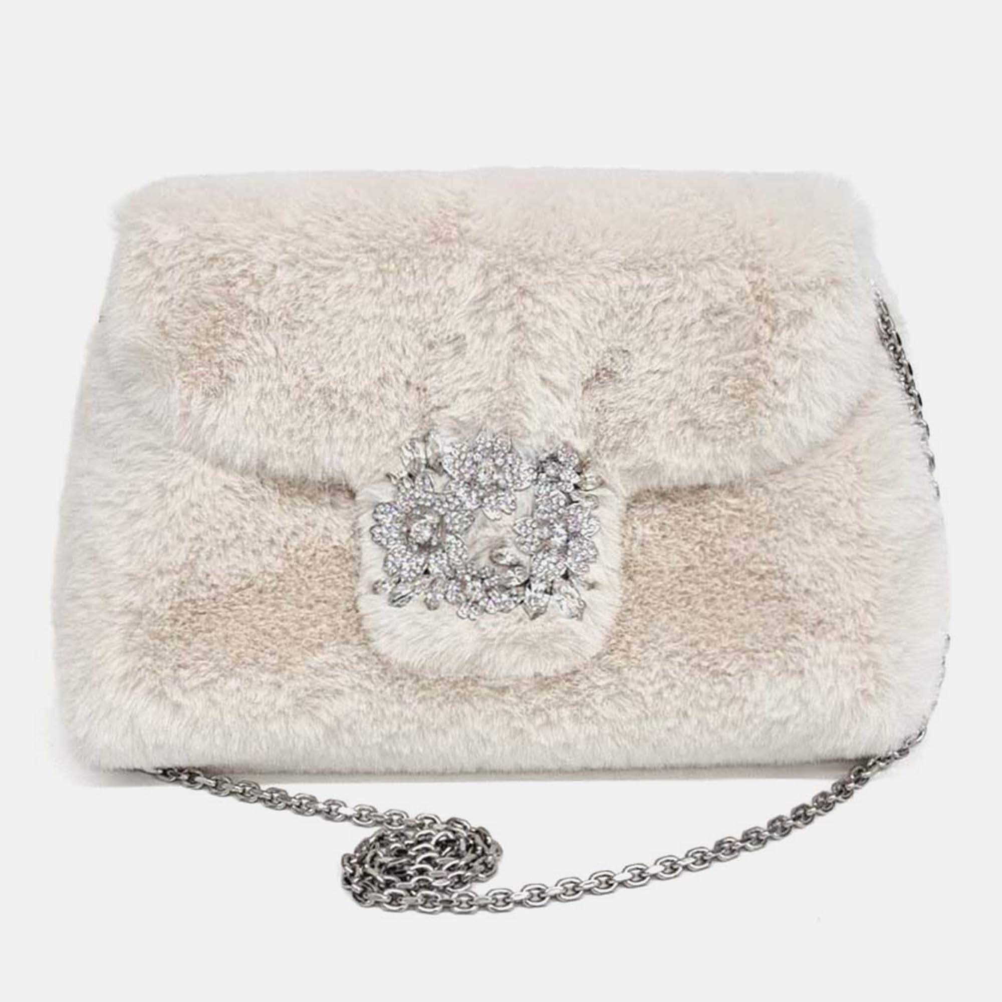 Pre Owned Roger Vivier Beige Fur chain shoulder bag