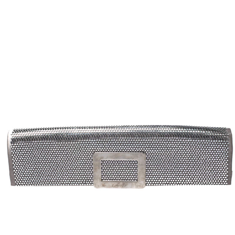 Pre Owned Roger Vivier Metallic Silver Satin Belle Clutch