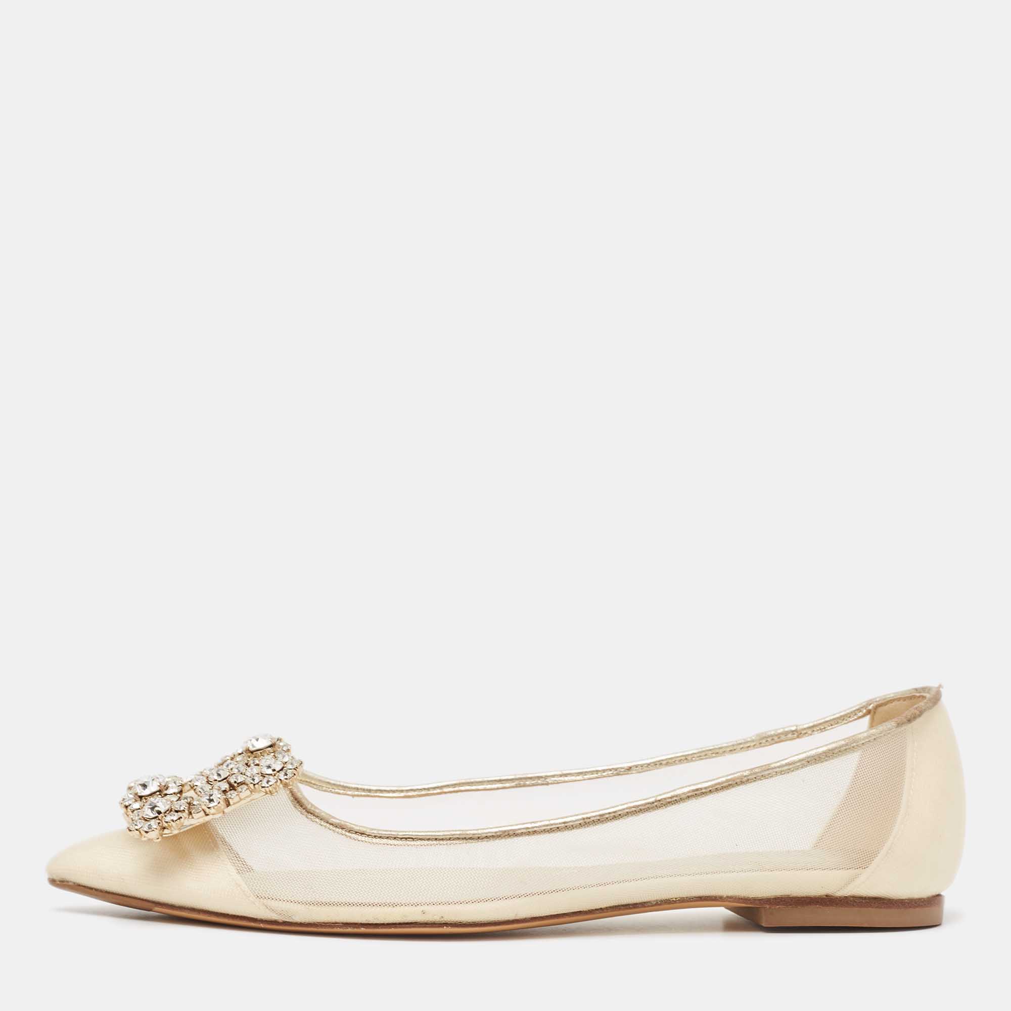Roger Vivier Beige/Gold Leather and Mesh Crystal Embellished  Ballet Flats Size 34