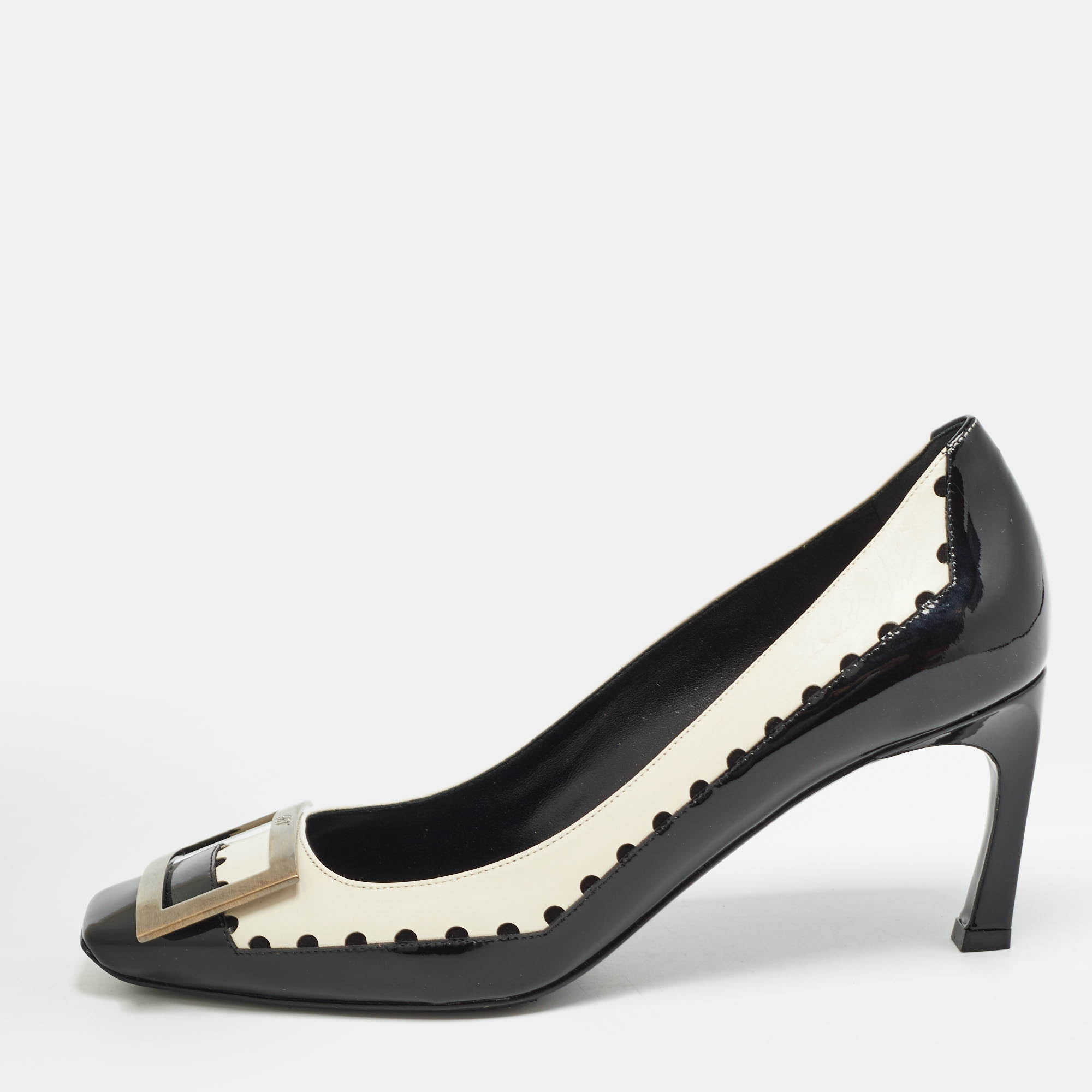 Pre Owned Roger Vivier Black/Cream Patent and Leather Trompette Pumps 39