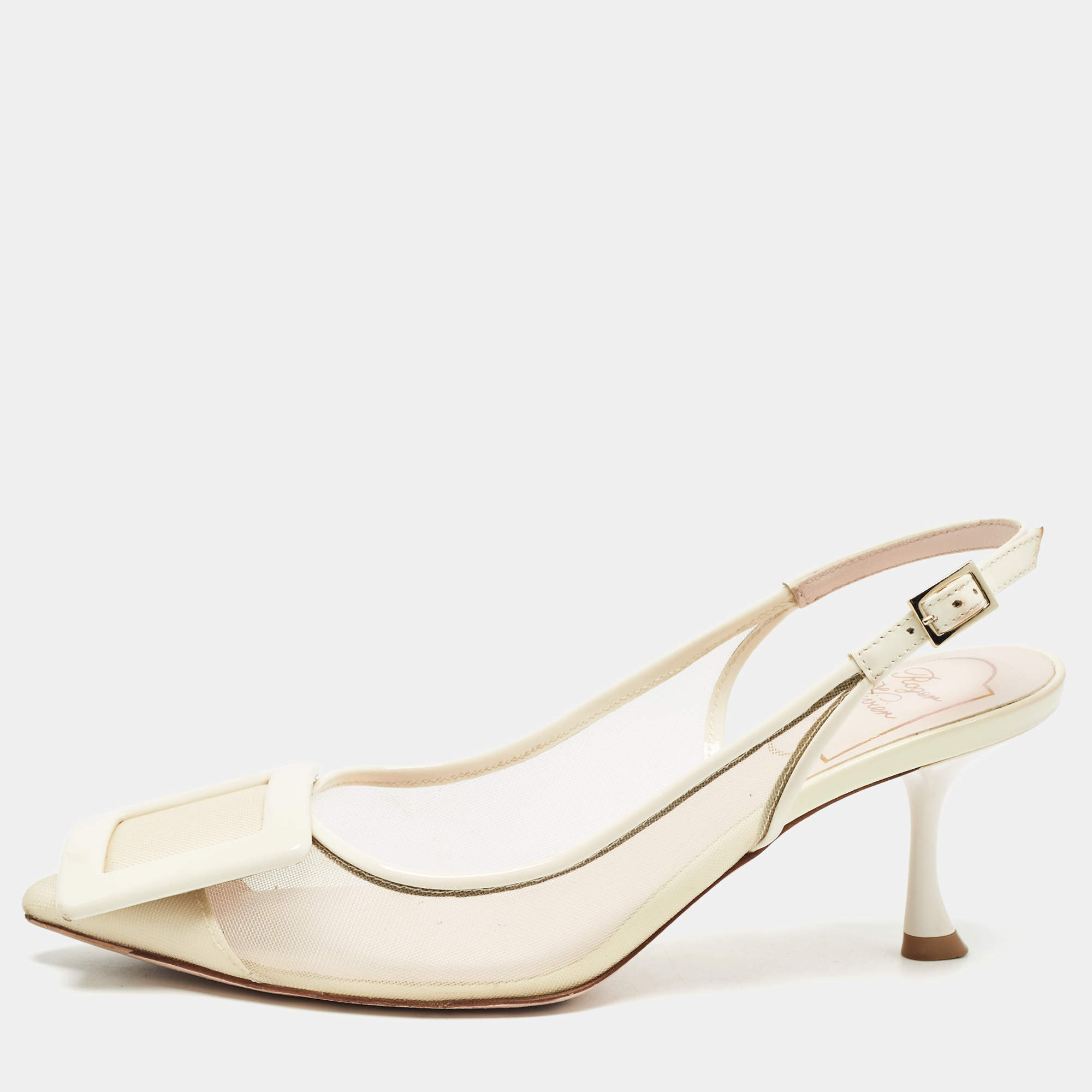 Pre Owned Roger Vivier Cream Patent Leather and Mesh Viv in the City Pumps Size 36