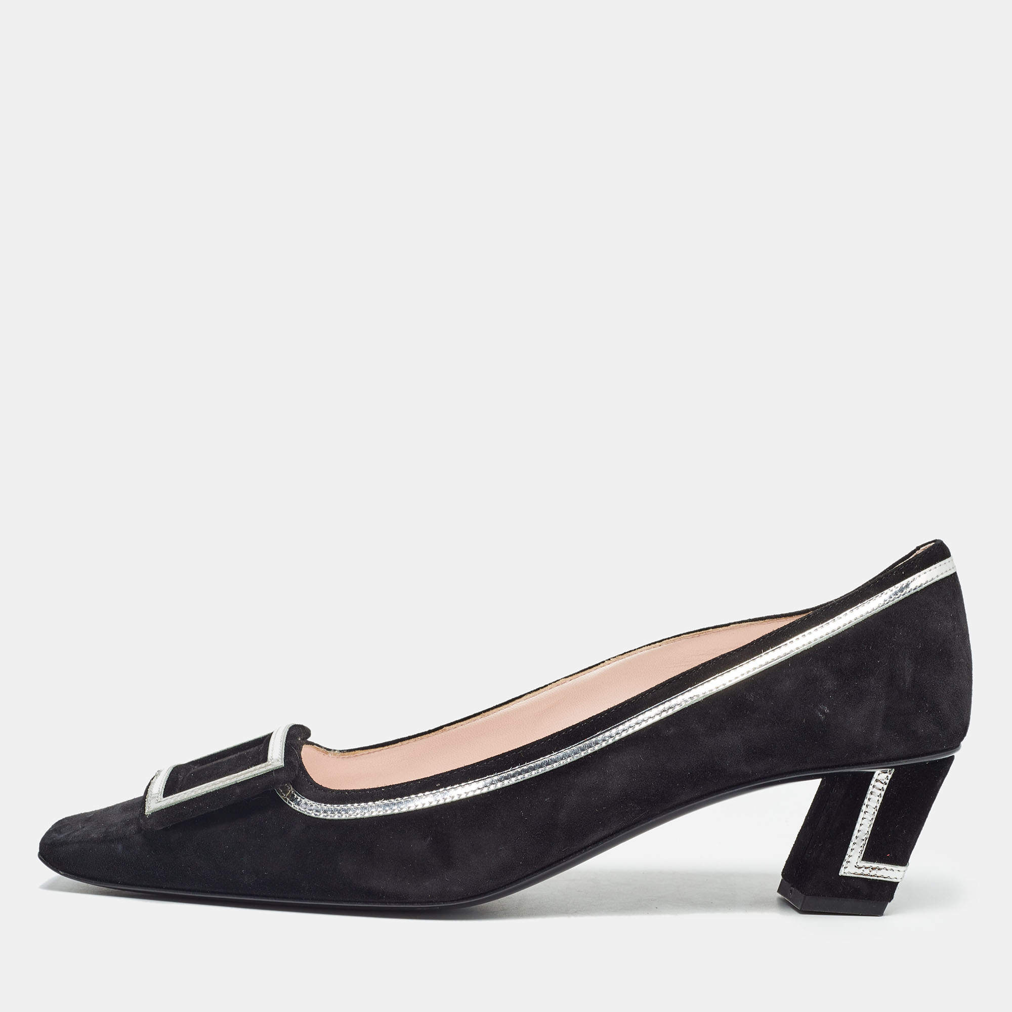 Pre Owned Roger Vivier Black/Silver Suede and Leather Square Toe Pumps Size 40