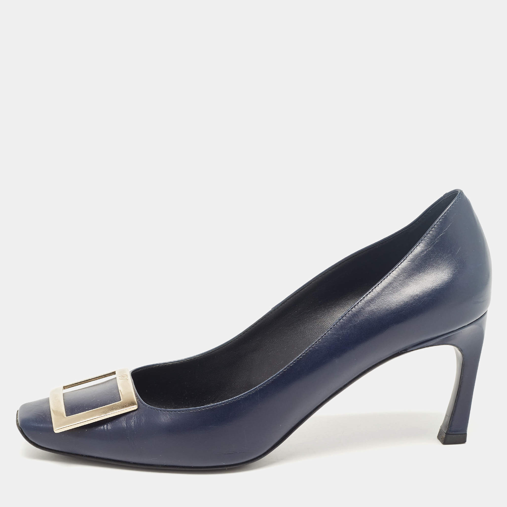 Pre Owned Roger Vivier Navy Blue Leather Trompette Pumps Size 39