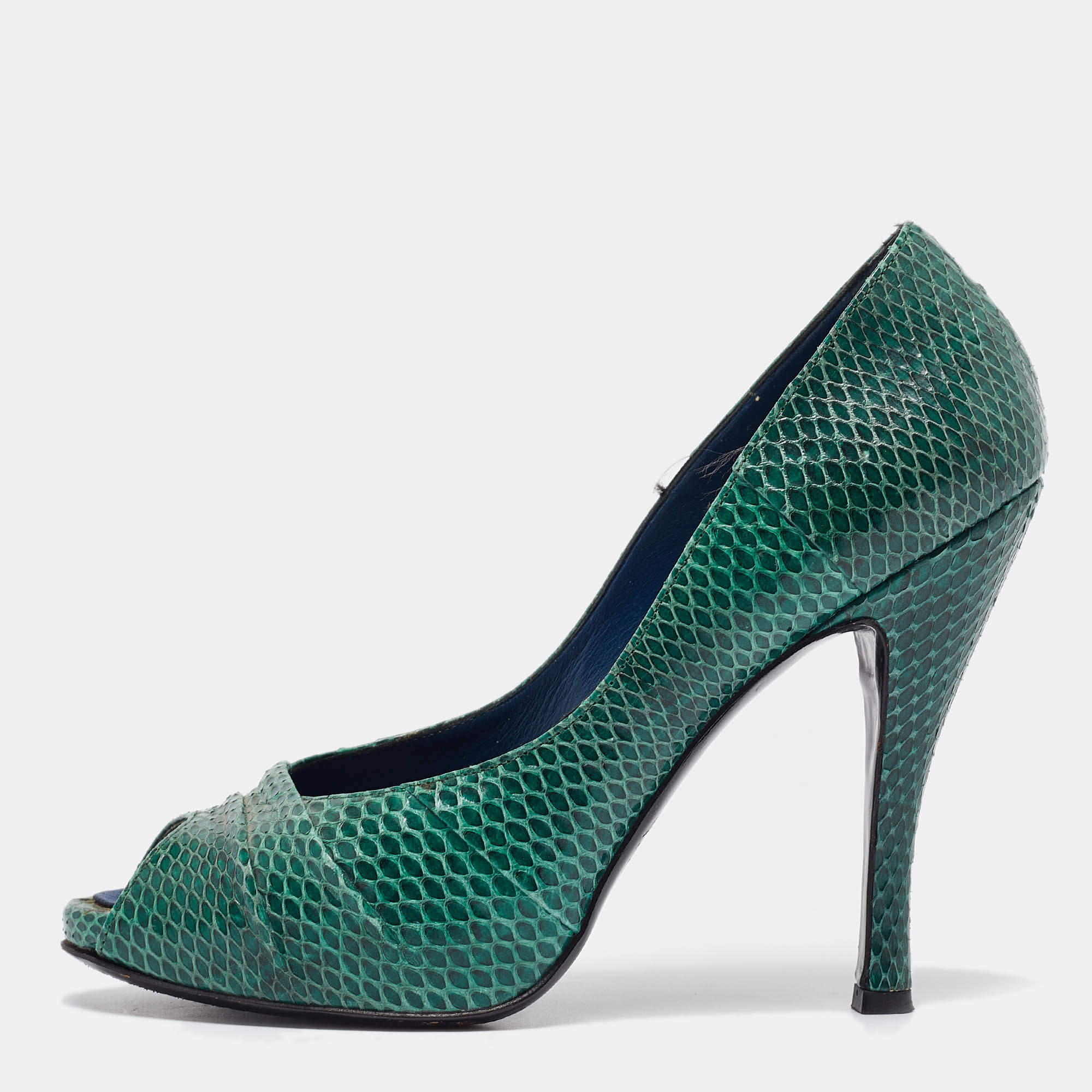 Pre Owned Roger Vivier Green Snakeskin Leather Peep Toe Pumps Size 37.5