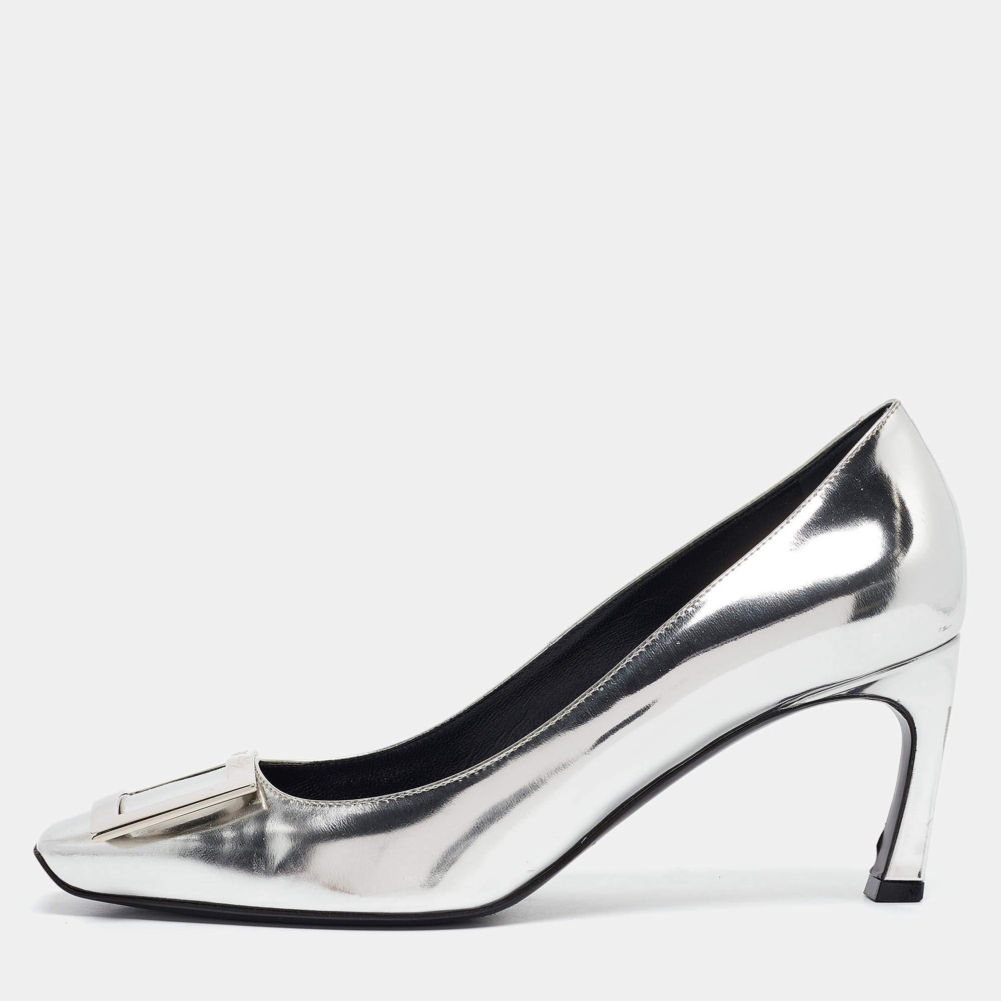 Pre Owned Roger Vivier Silver Leather Trompette Pumps Size 38
