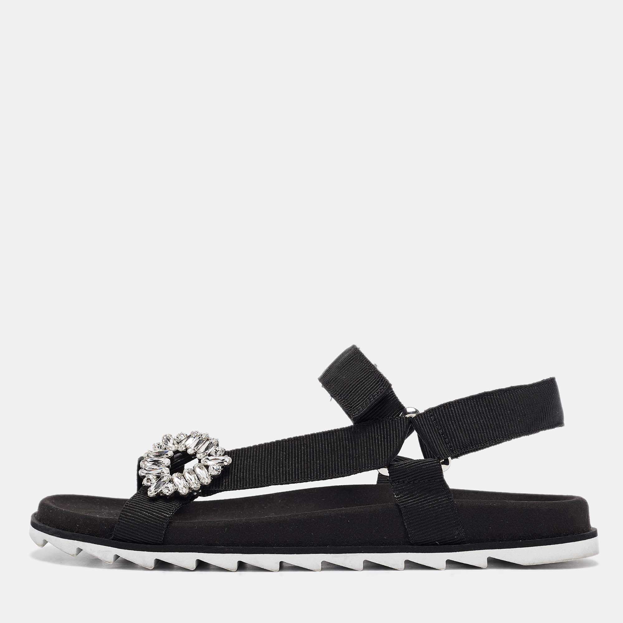 Roger Vivier Black Canvas Crystal Embellished Flat Sandals Size  41