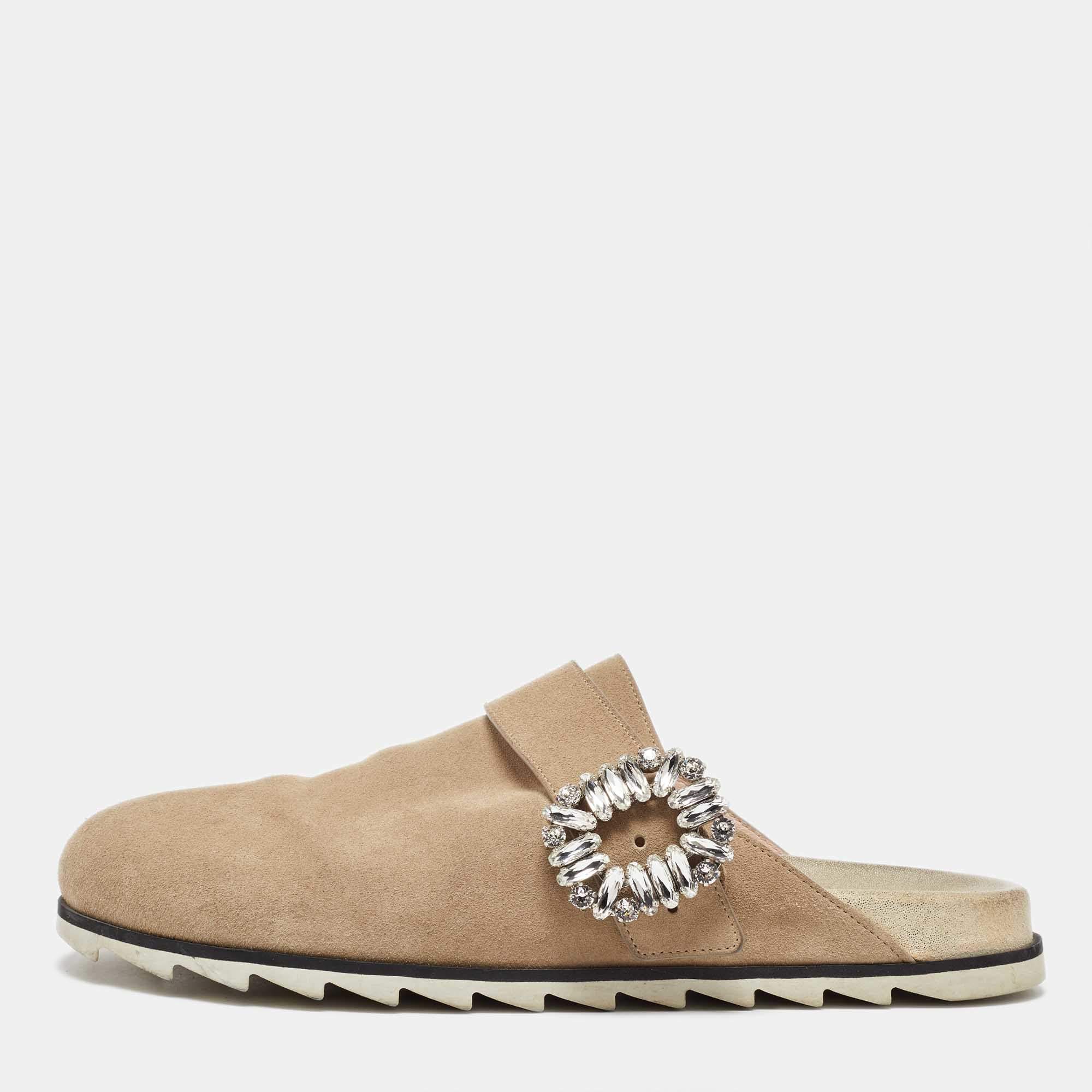 Pre Owned Roger Vivier Beige Suede Slidy Strass Buckle Mules Size 40