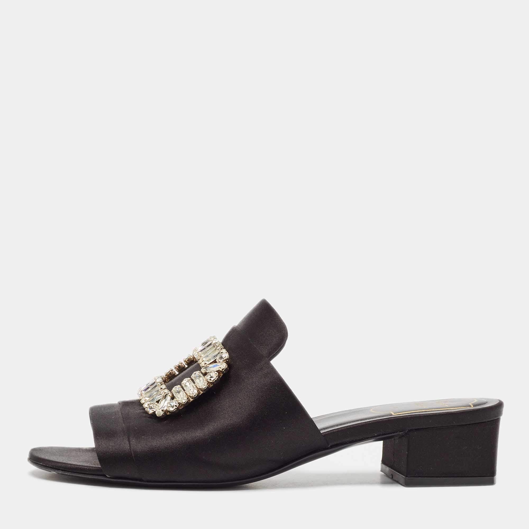 Pre Owned Roger Vivier Black Satin Crystal Embellished Slide Sandals Size 38