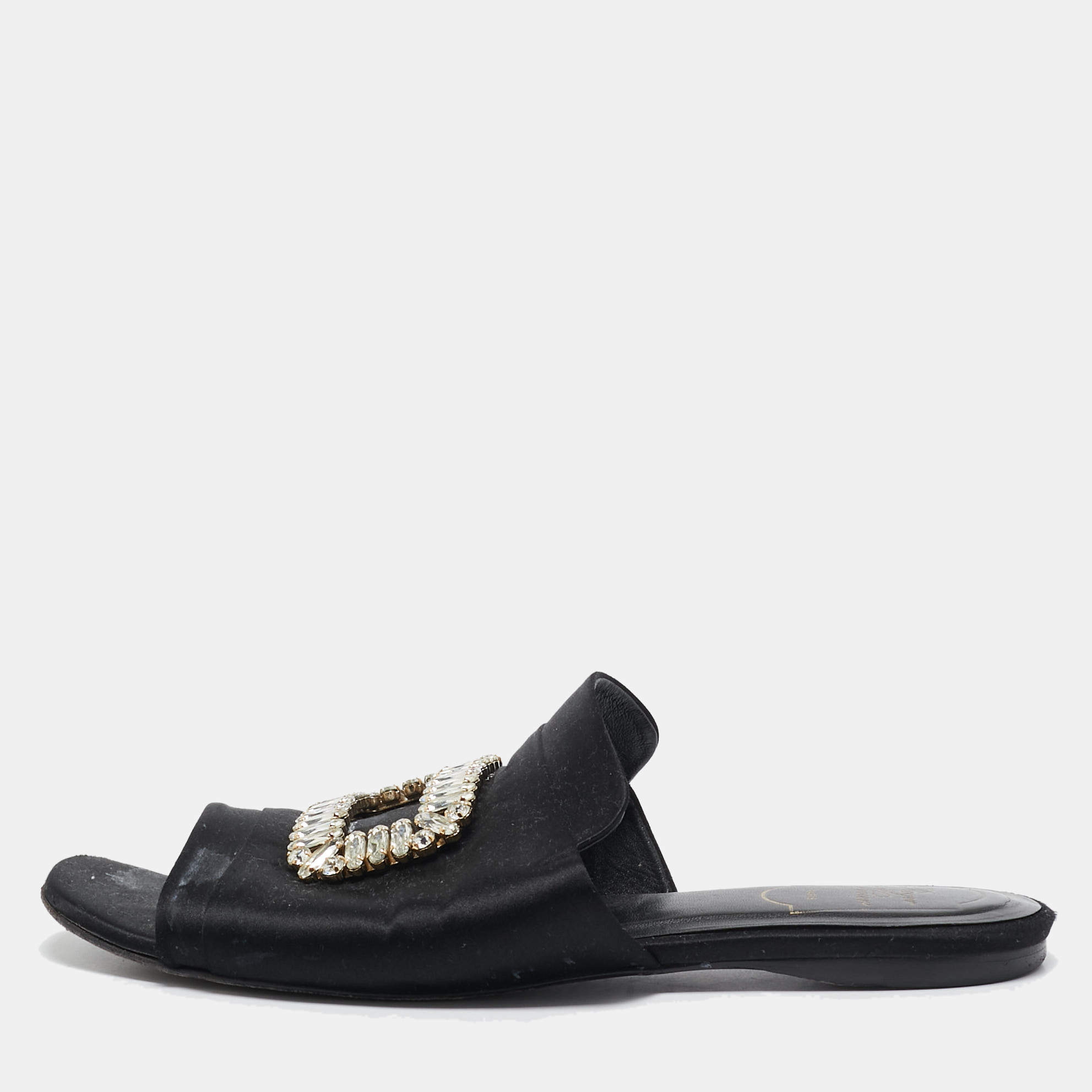 Roger Vivier Black Satin Crystal Embellished Flat Mules Size 40