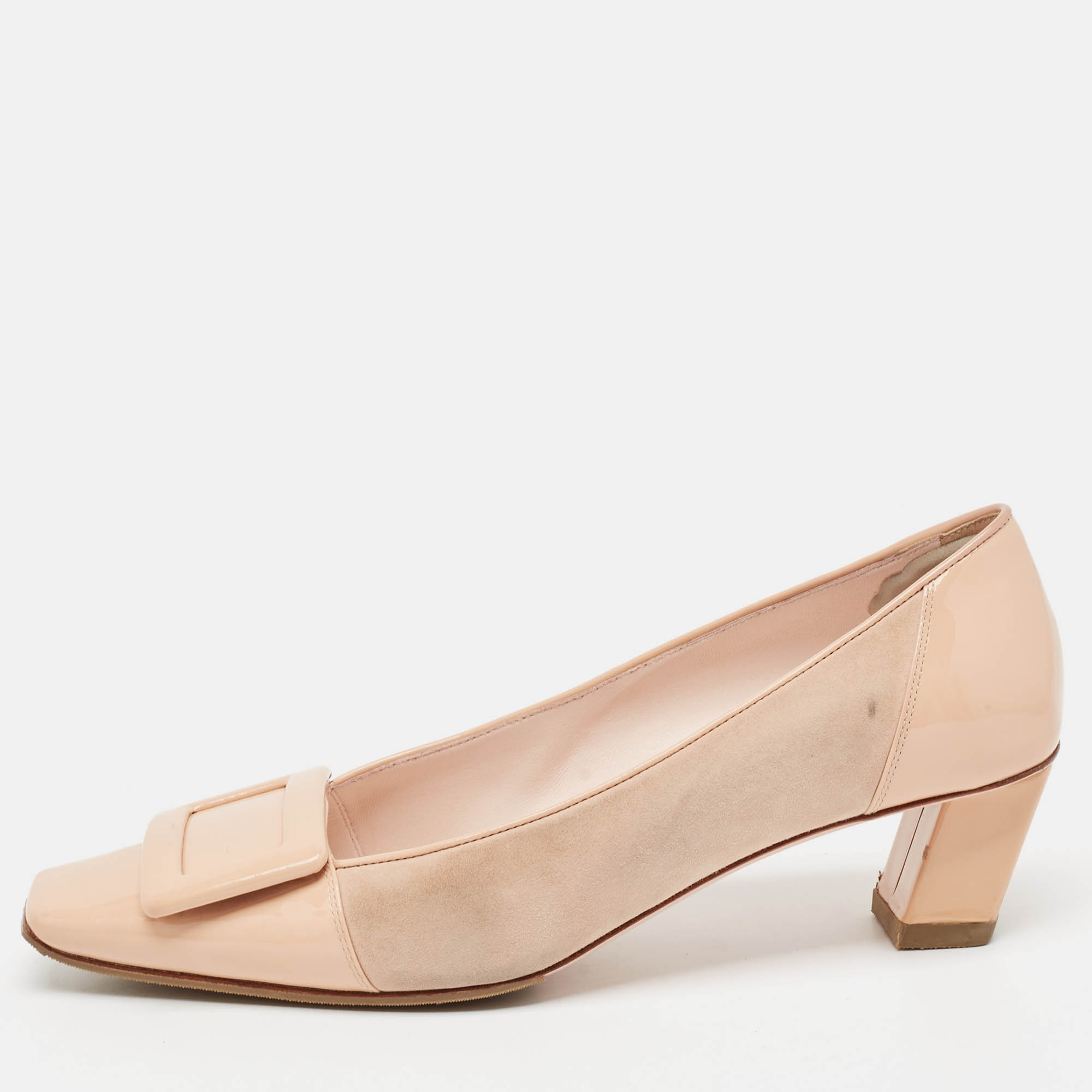 Pre Owned Roger Vivier Beige Patent Leather and Suede Trompette Pumps Size 38