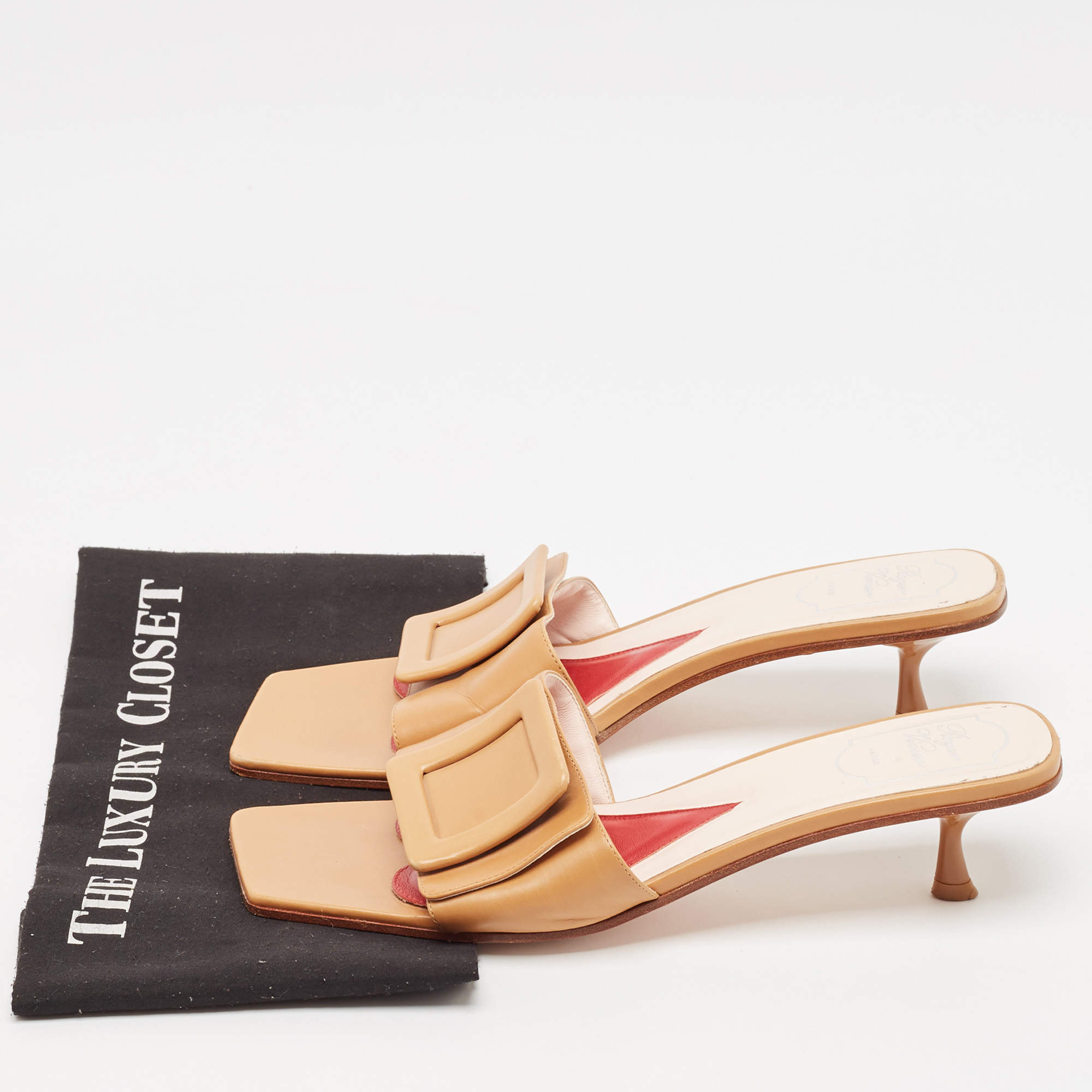 Pre Owned Roger Vivier Brown Leather Covered Buckle Slide Sandals Size 42