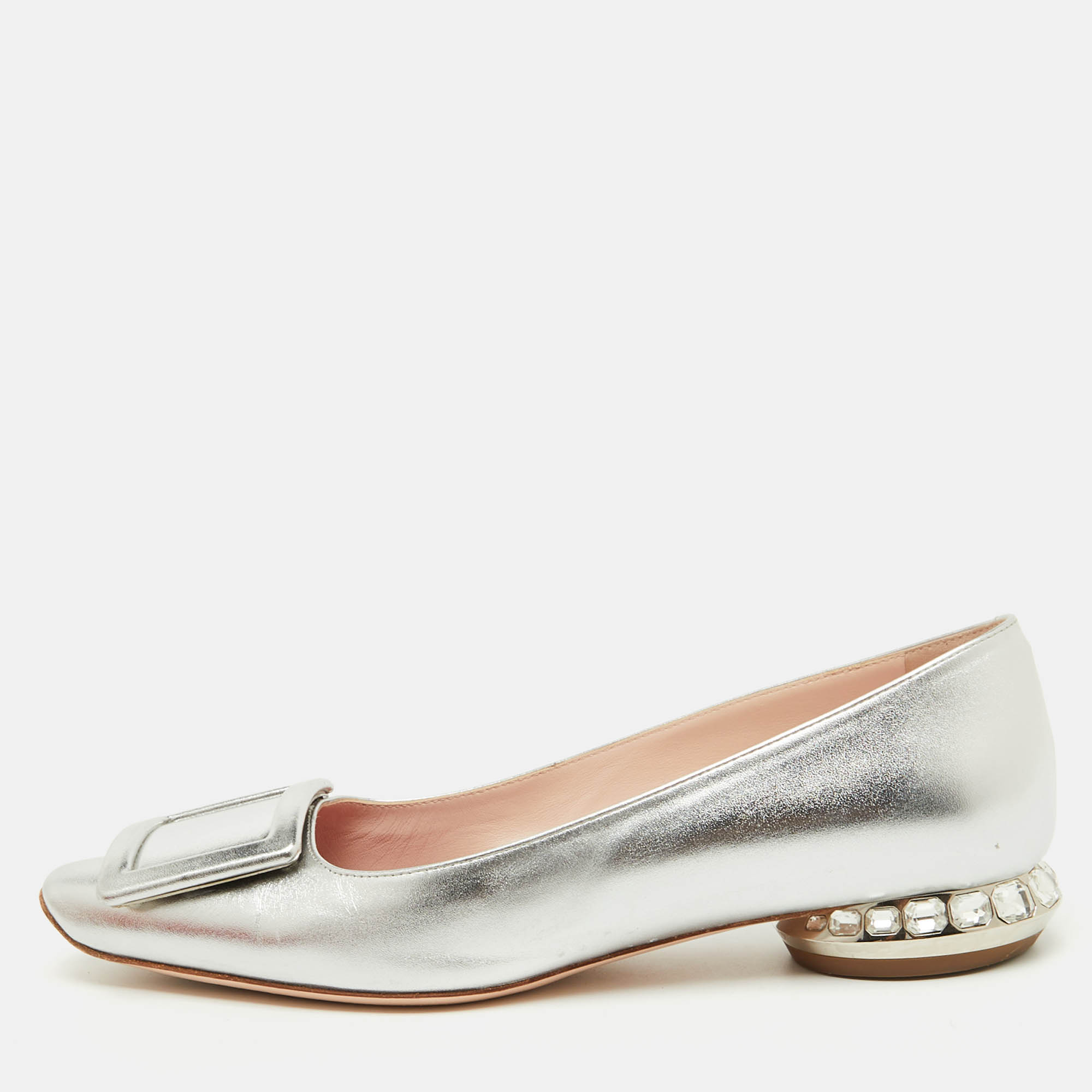 Pre Owned Roger Vivier Silver Leather Jewel Heel Ballet Flats Size 38