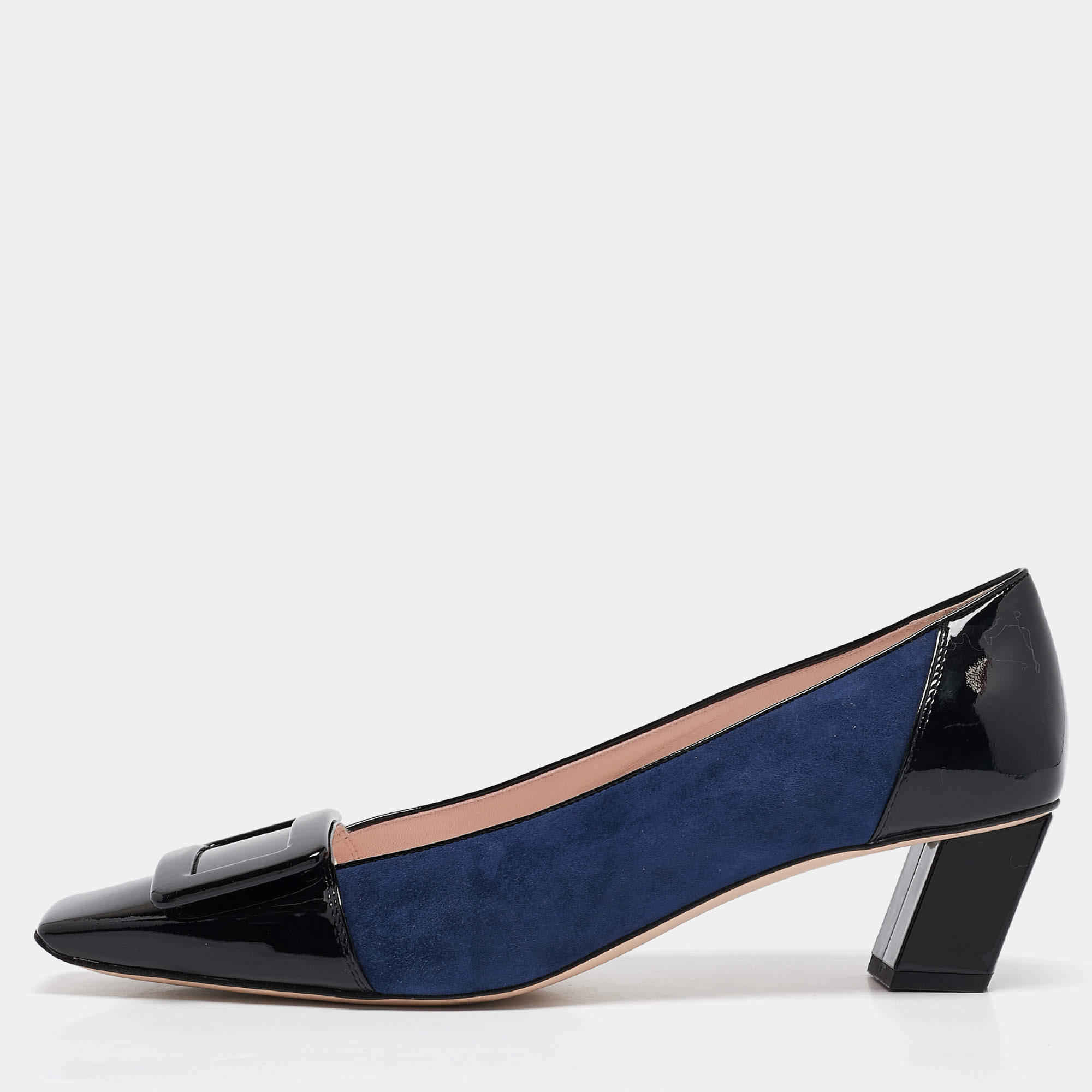 Pre Owned Roger Vivier Black/Silver Suede and Leather Belle Pumps Size 39.5