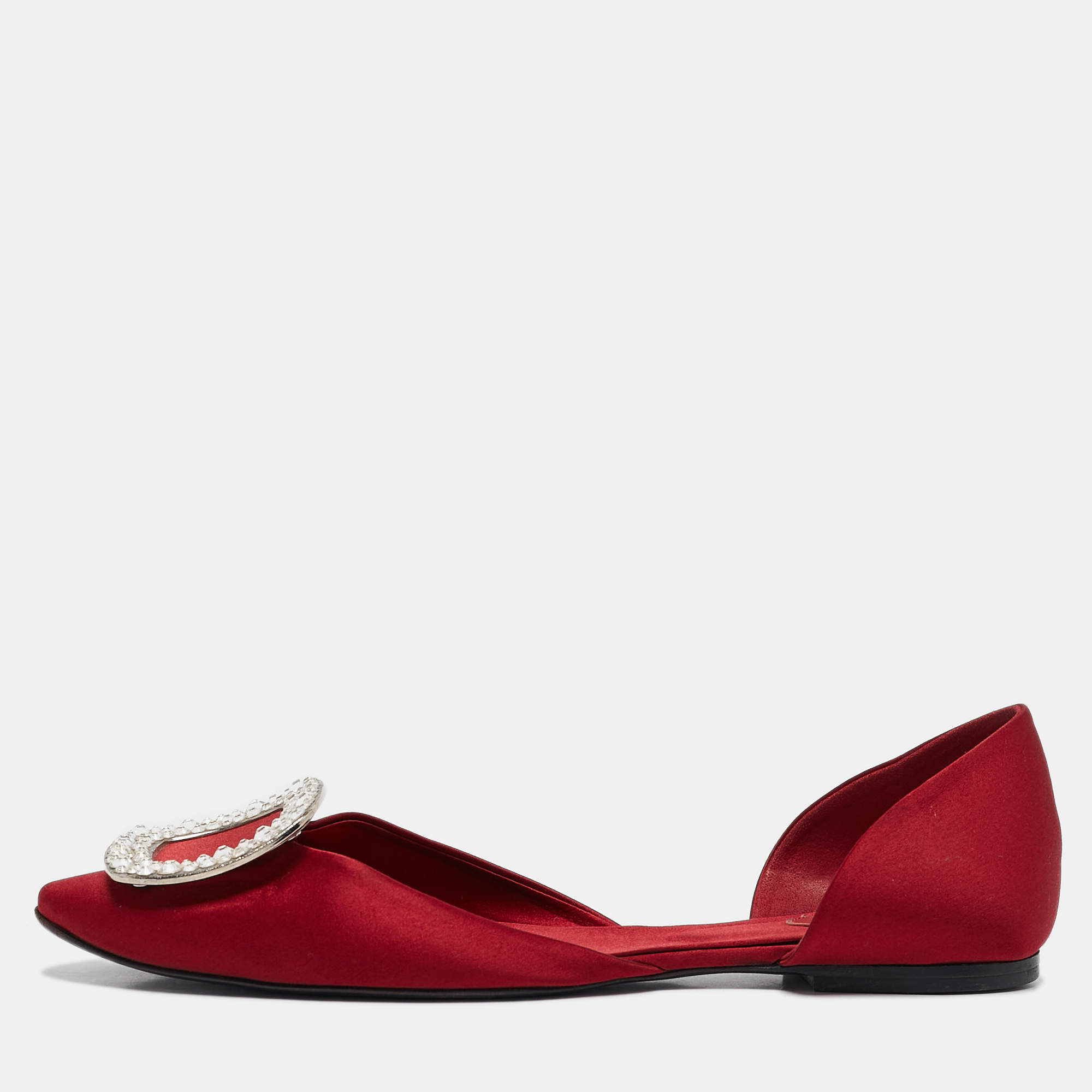 Roger Vivier Red Satin Crystal Embellished D'orsay Ballet Flats Size 38
