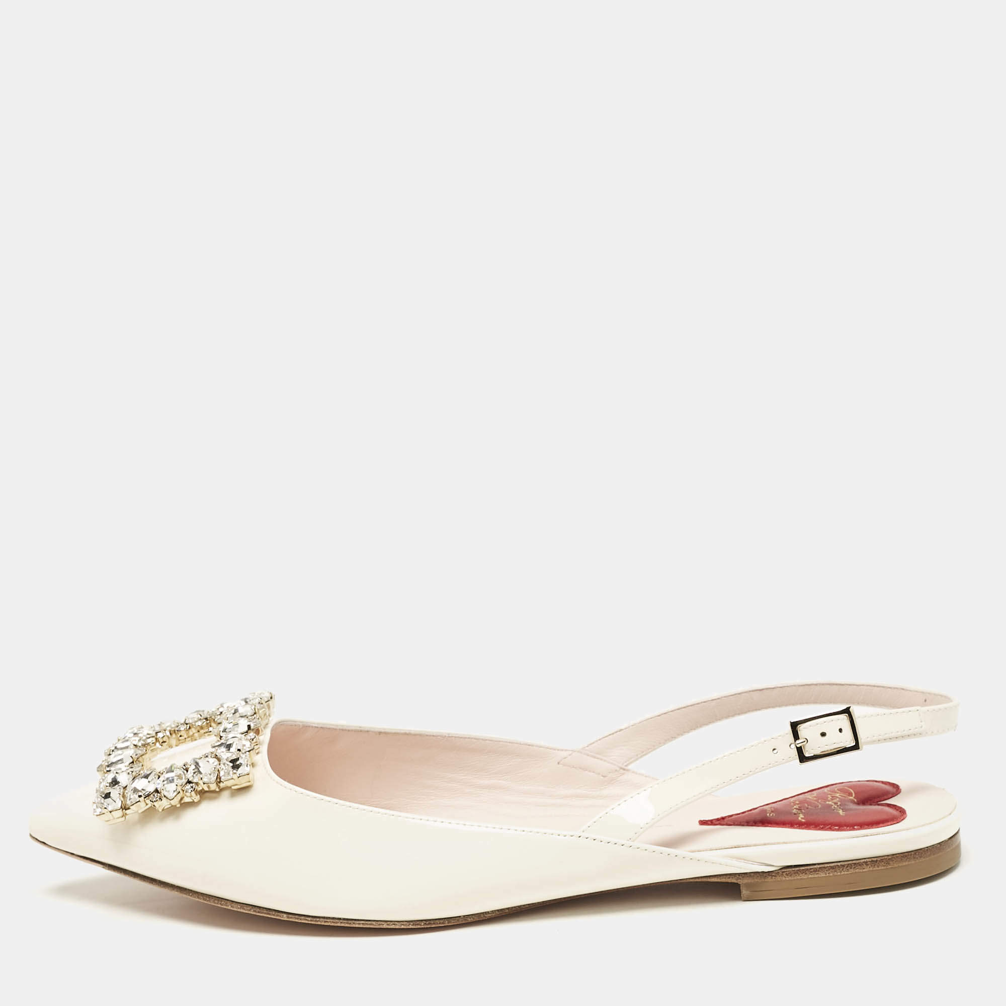 Pre Owned Roger Vivier Off White Patent Leather Strass Buckle Slingback Flats Size 37