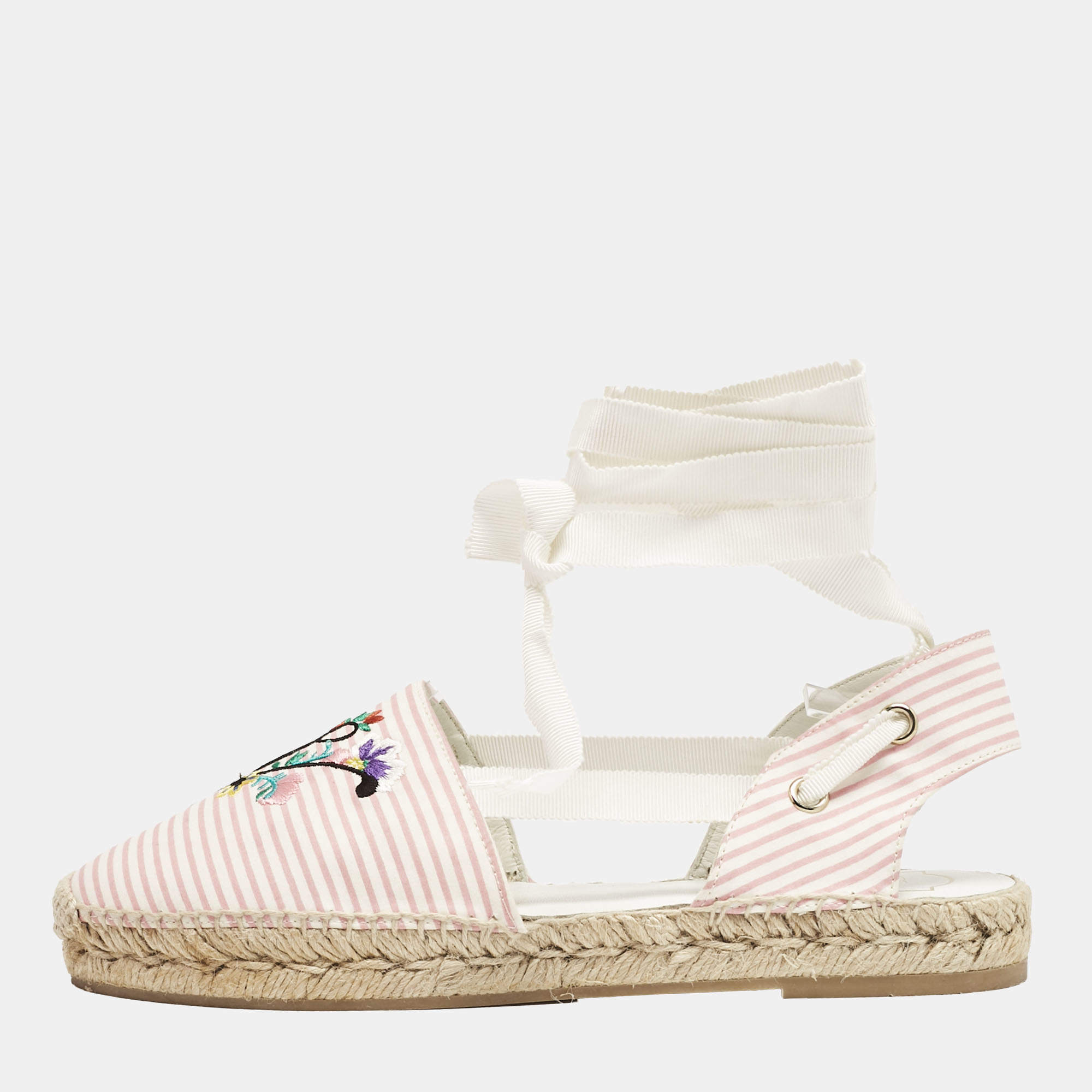 Roger Vivier Pink/White Stripe Fabric Floral Embroidered Wrap Espadrille Sandals Size 40