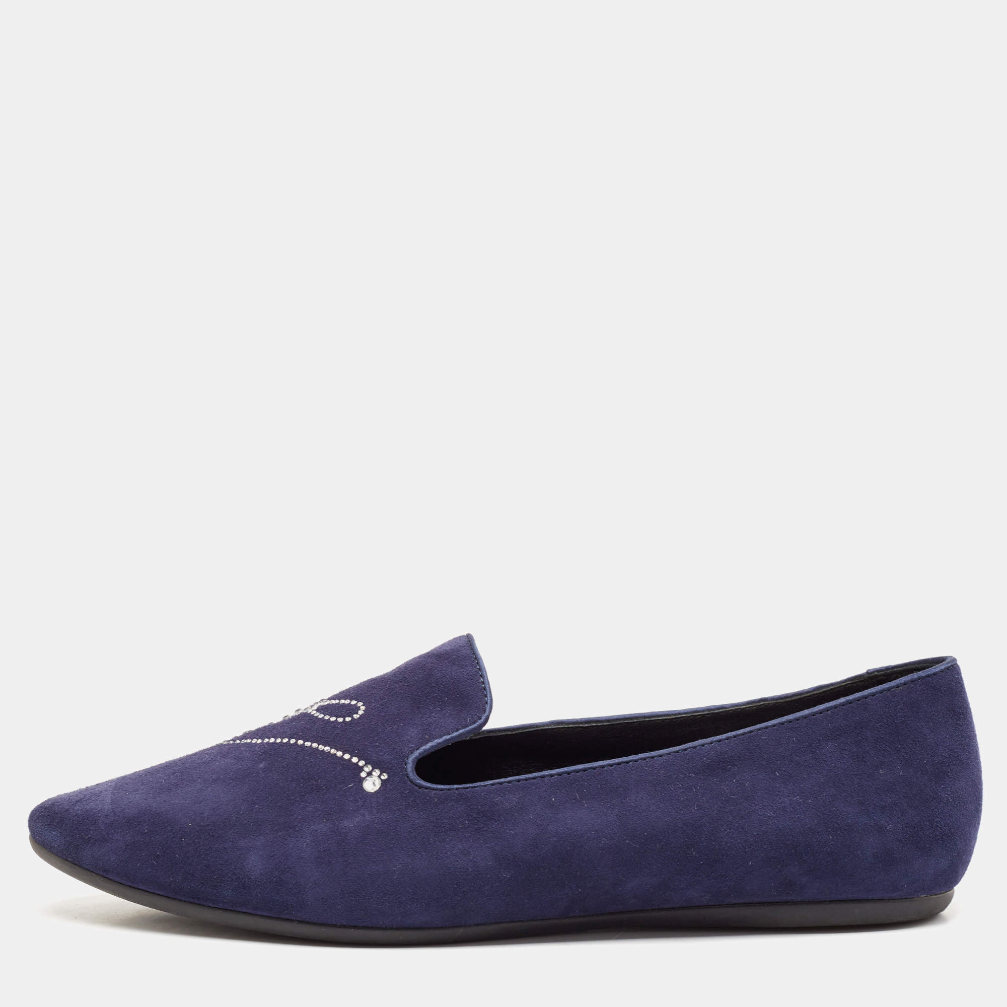 Roger Vivier Navy Blue Suede Crystal Embellished Ballet Flats Size 38