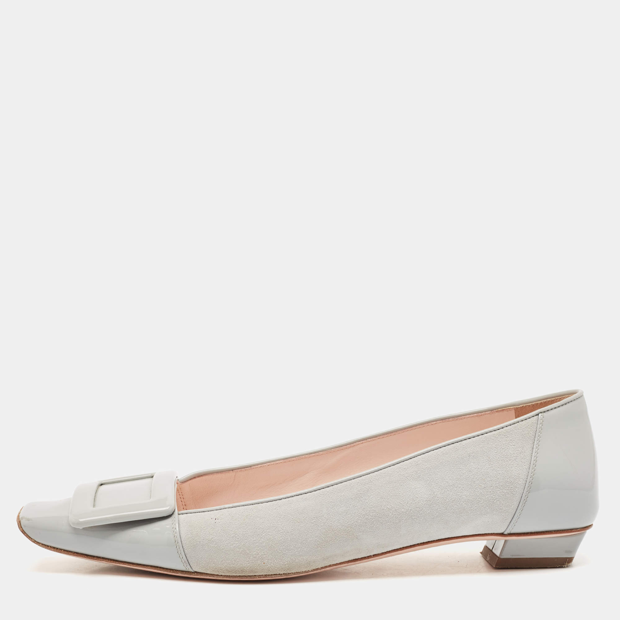 Pre Owned Roger Vivier Grey Suede and Patent Leather Belle Vivier Ballet Flats Size 38.5