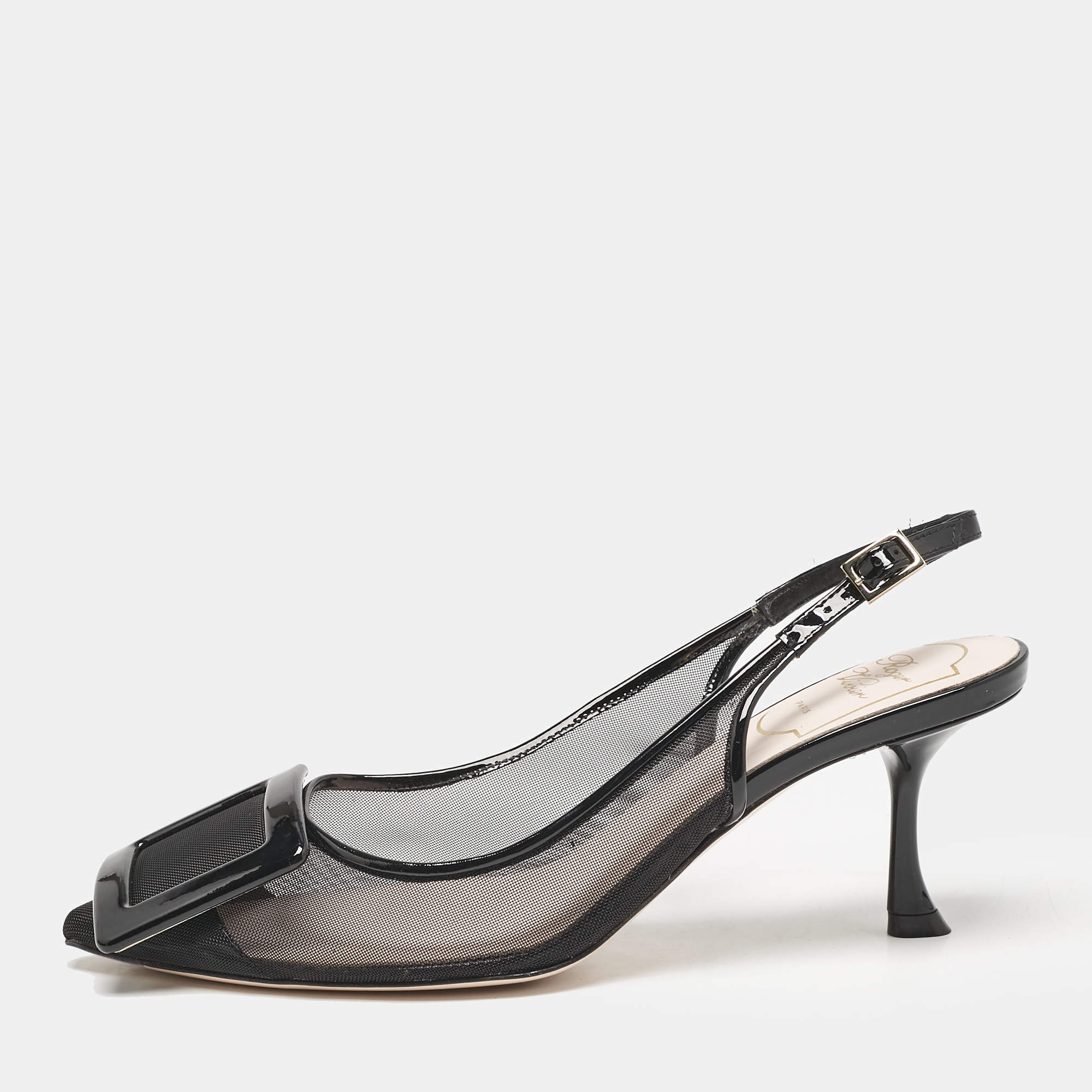 Roger Vivier Black Patent and Mesh Belle Vivier Slingback Pumps Size 37