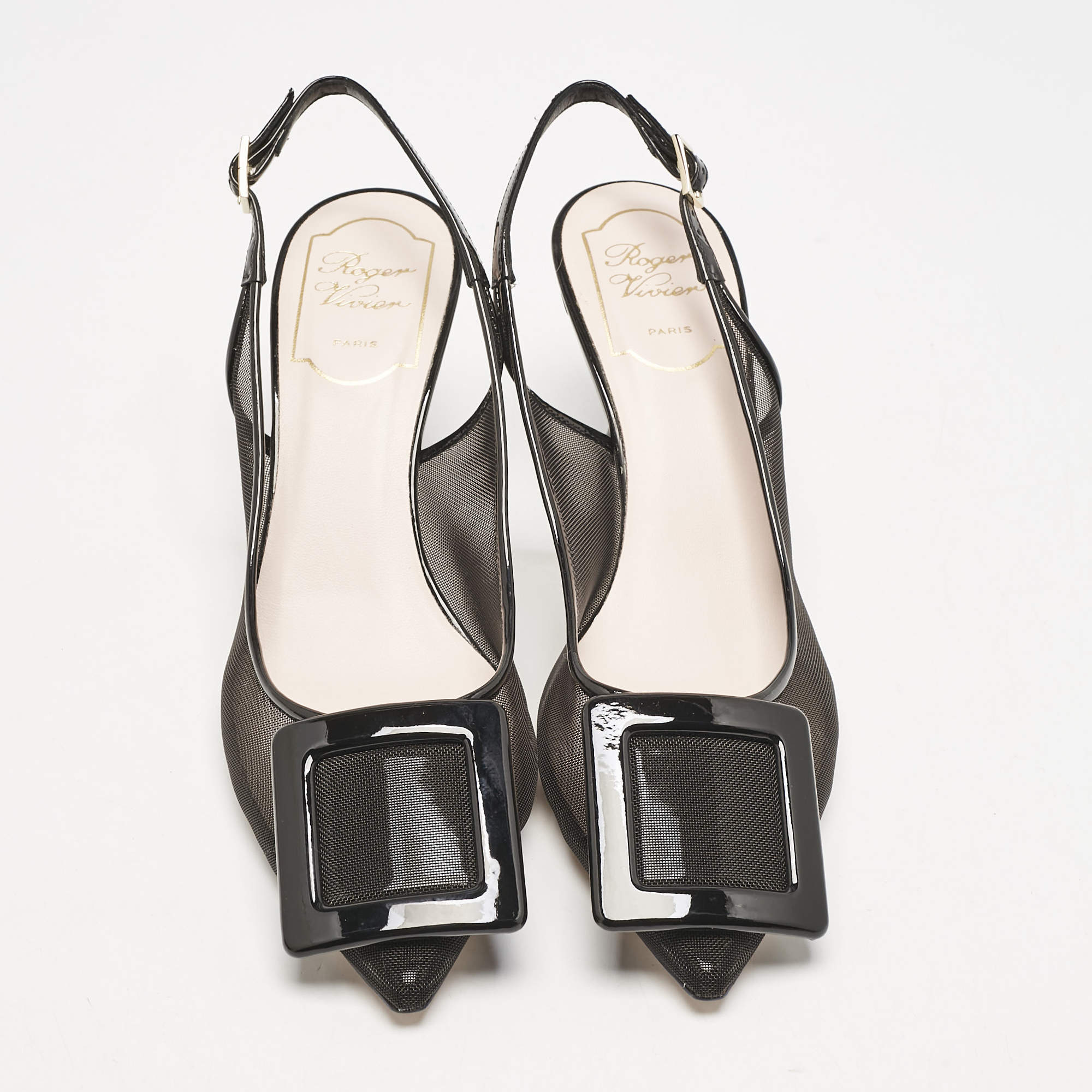 Pre Owned Roger Vivier Black Patent and Mesh Belle Vivier Slingback Pumps Size 37