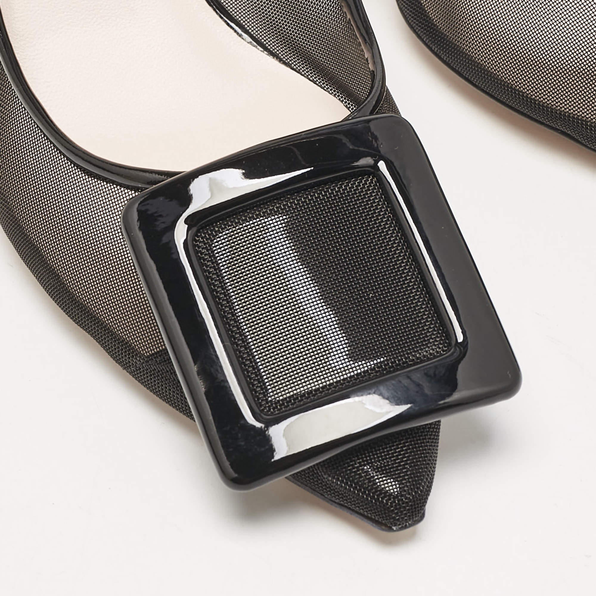 Pre Owned Roger Vivier Black Patent and Mesh Belle Vivier Slingback Pumps Size 37