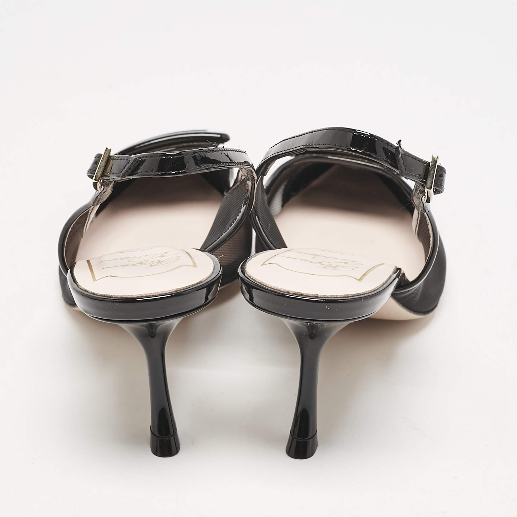 Pre Owned Roger Vivier Black Patent and Mesh Belle Vivier Slingback Pumps Size 37