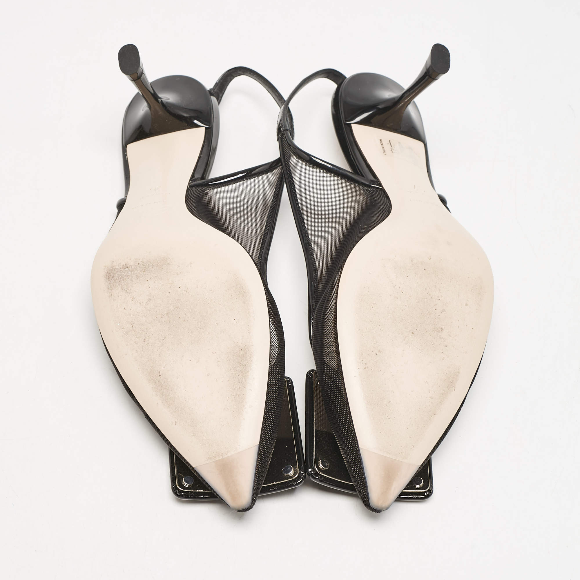 Pre Owned Roger Vivier Black Patent and Mesh Belle Vivier Slingback Pumps Size 37