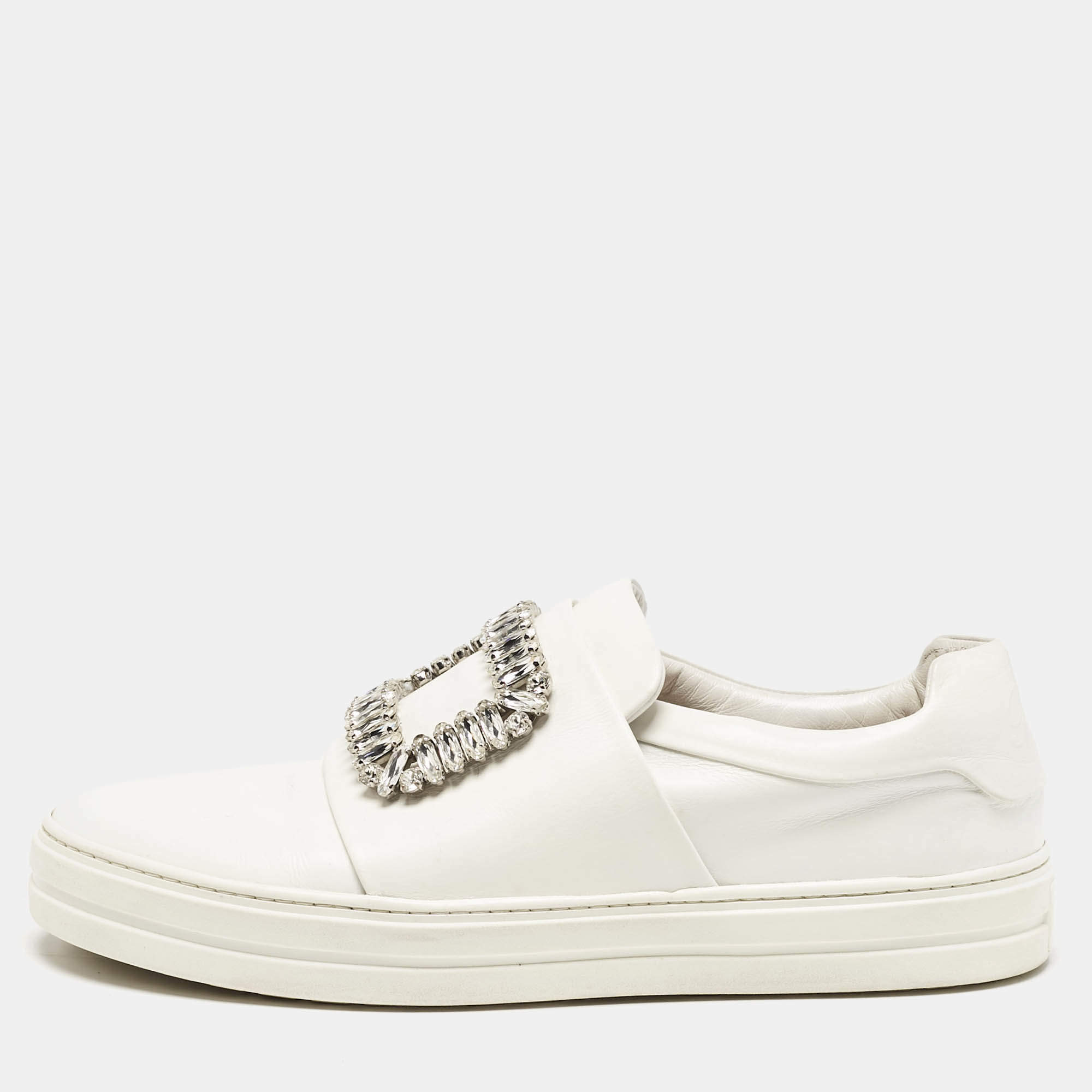 Pre Owned Roger Vivier White Leather Sneaky Viv Crystal Embellished Slip On Sneakers Size 38
