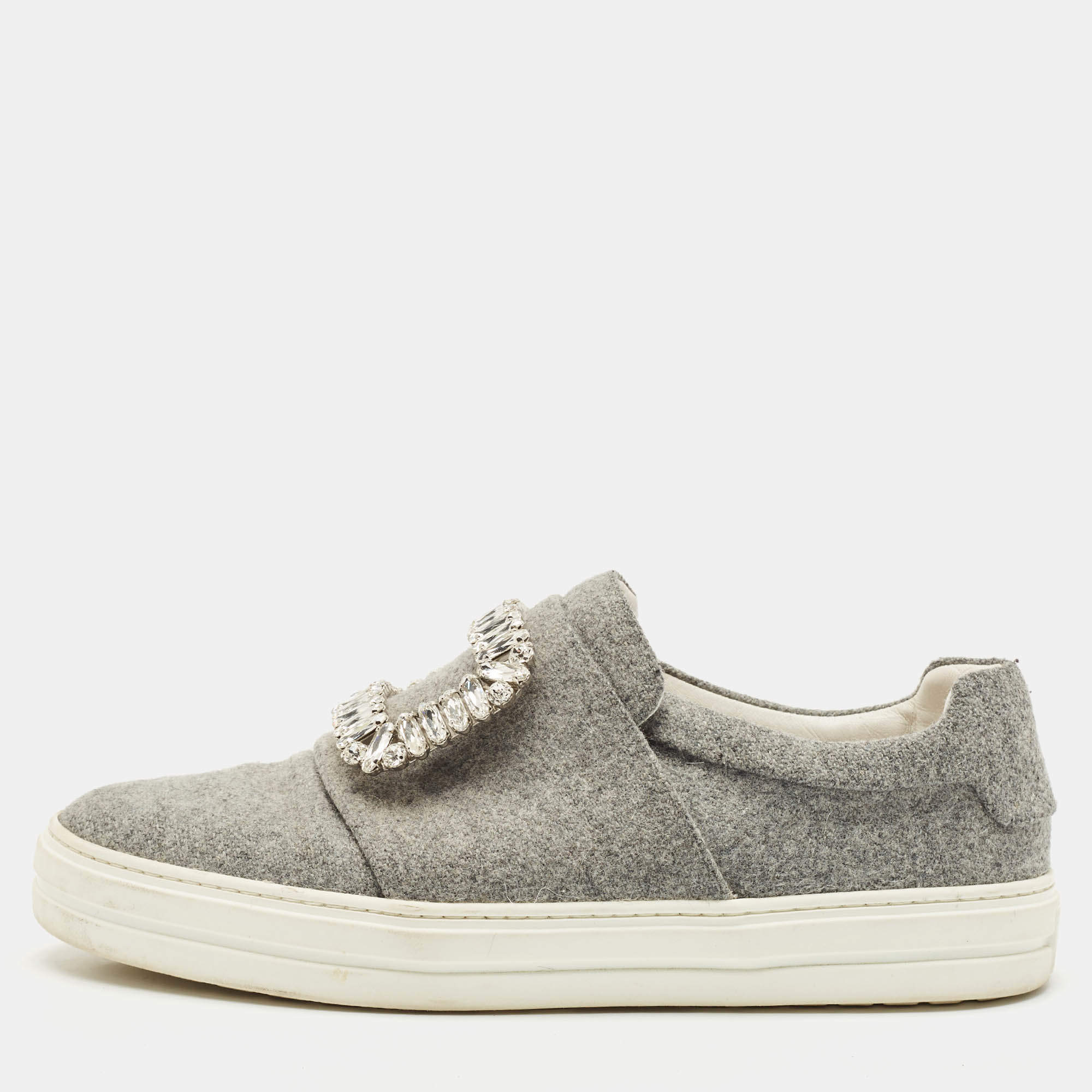 Roger Vivier Grey Wood  Crystal Embellished Slip On Sneakers Size 38
