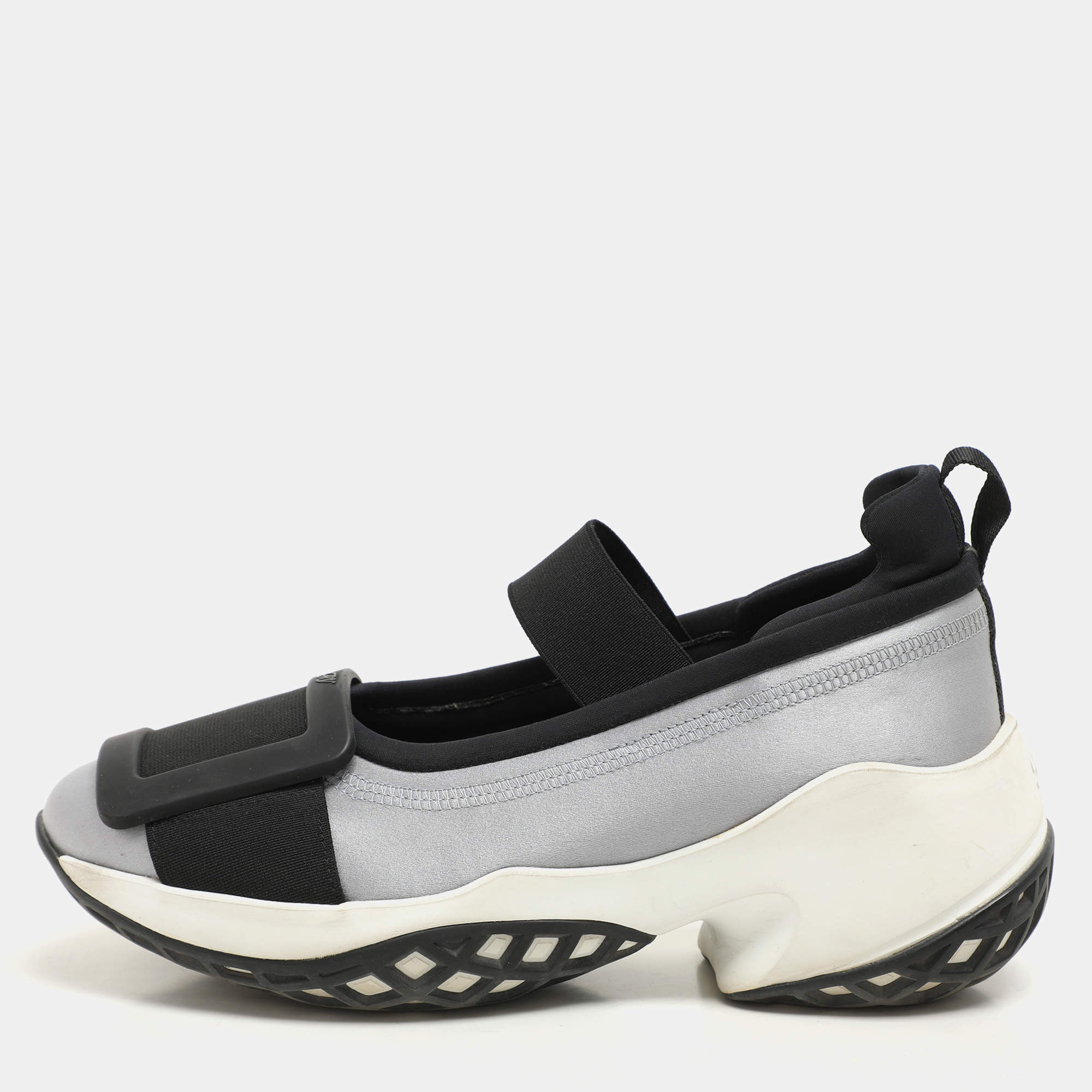 Roger Vivier Blue/Black Satin Embellished Slip On Sneakers Size 37
