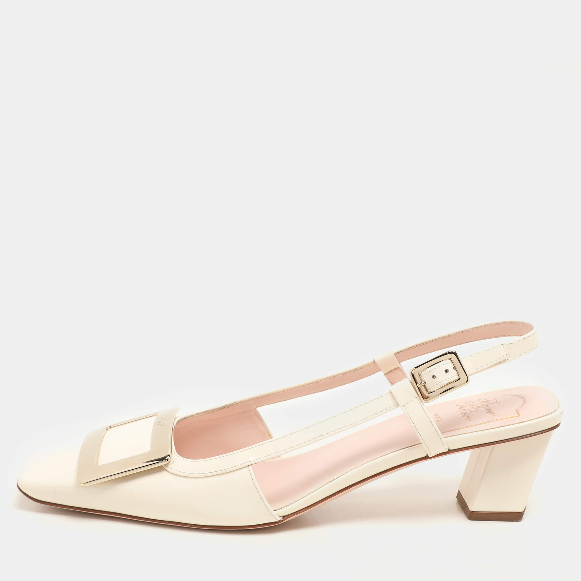 Pre Owned Roger Vivier Cream Patent Leather Belle Vivier 45  Slingback Pumps Size 39