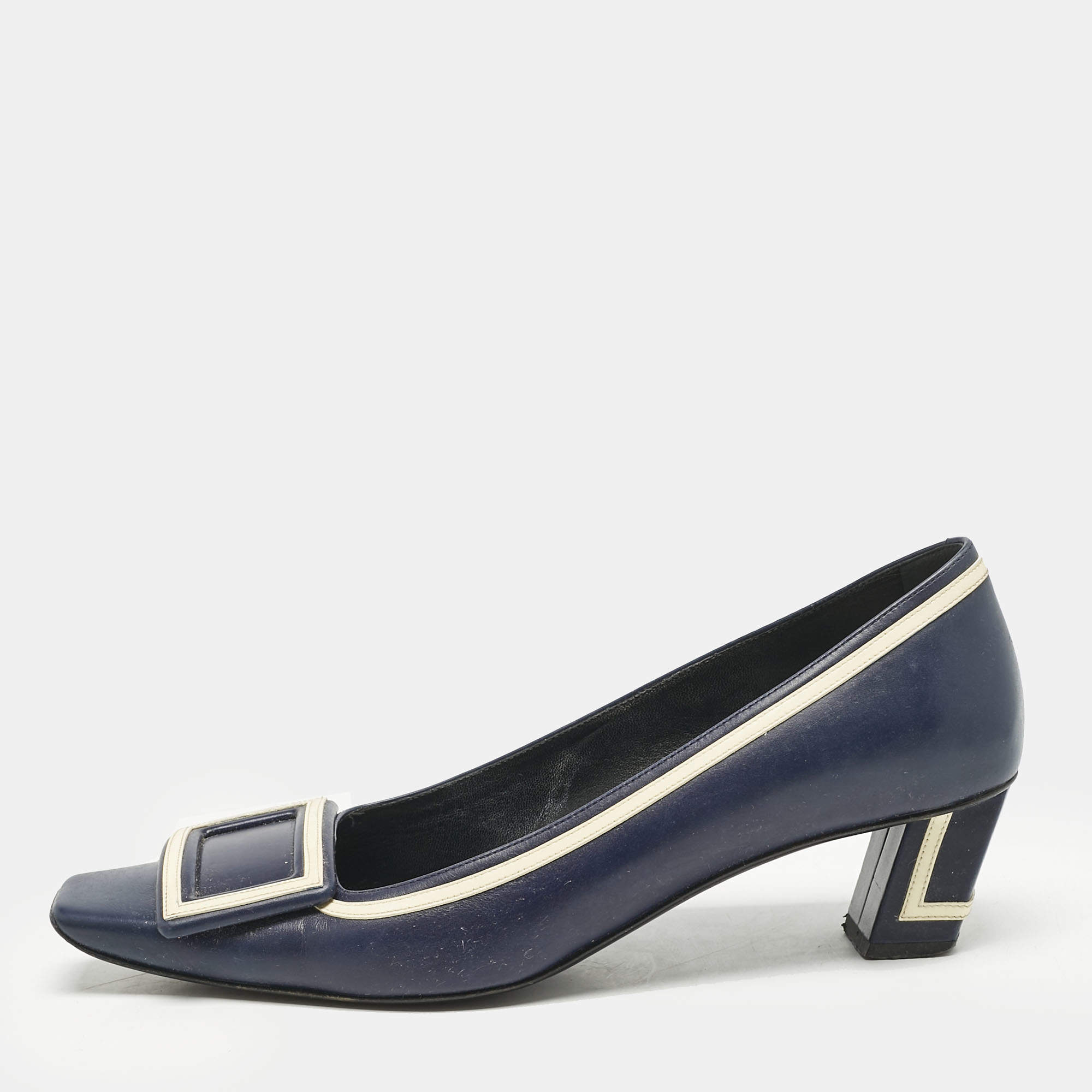 Roger Vivier Navy Blue Leather Buckle Detail Pumps Size 37.5