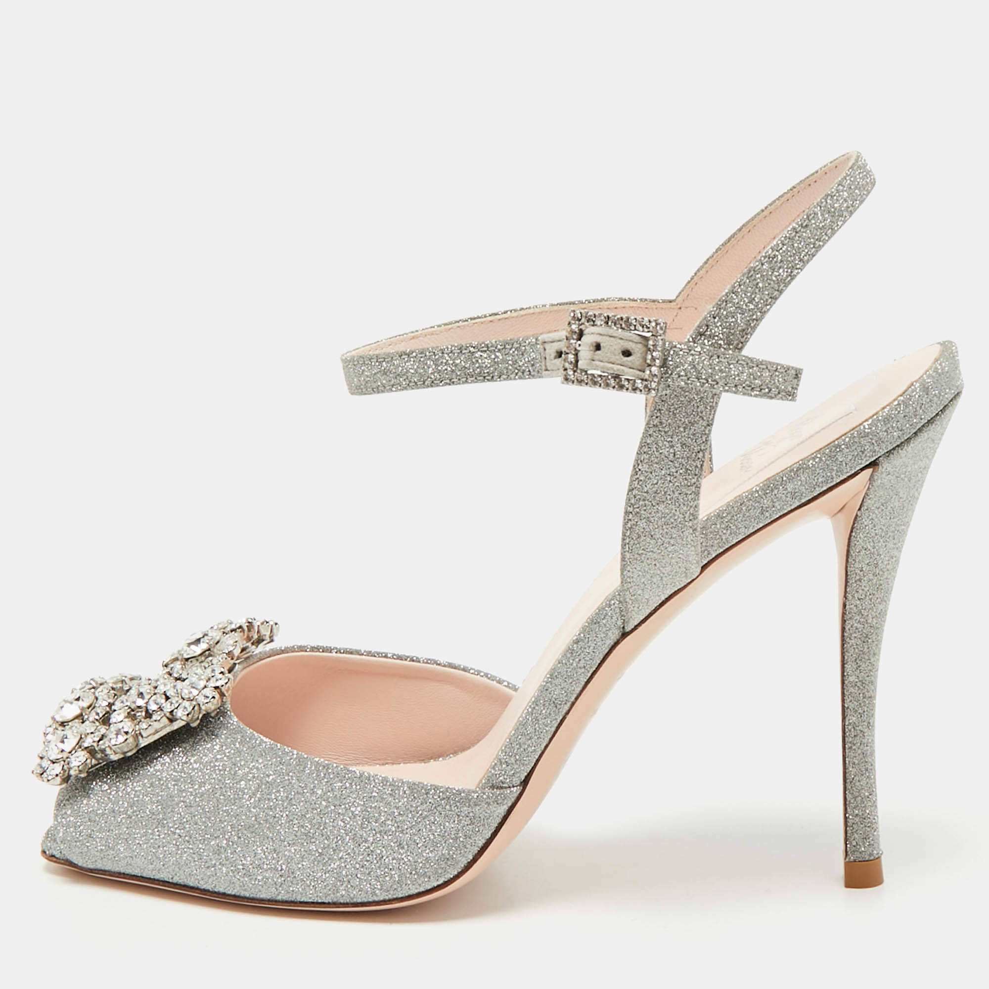 Pre Owned Roger Vivier Silver Glitter Crystal Embellished  Ankle Strap Sandals Size 37