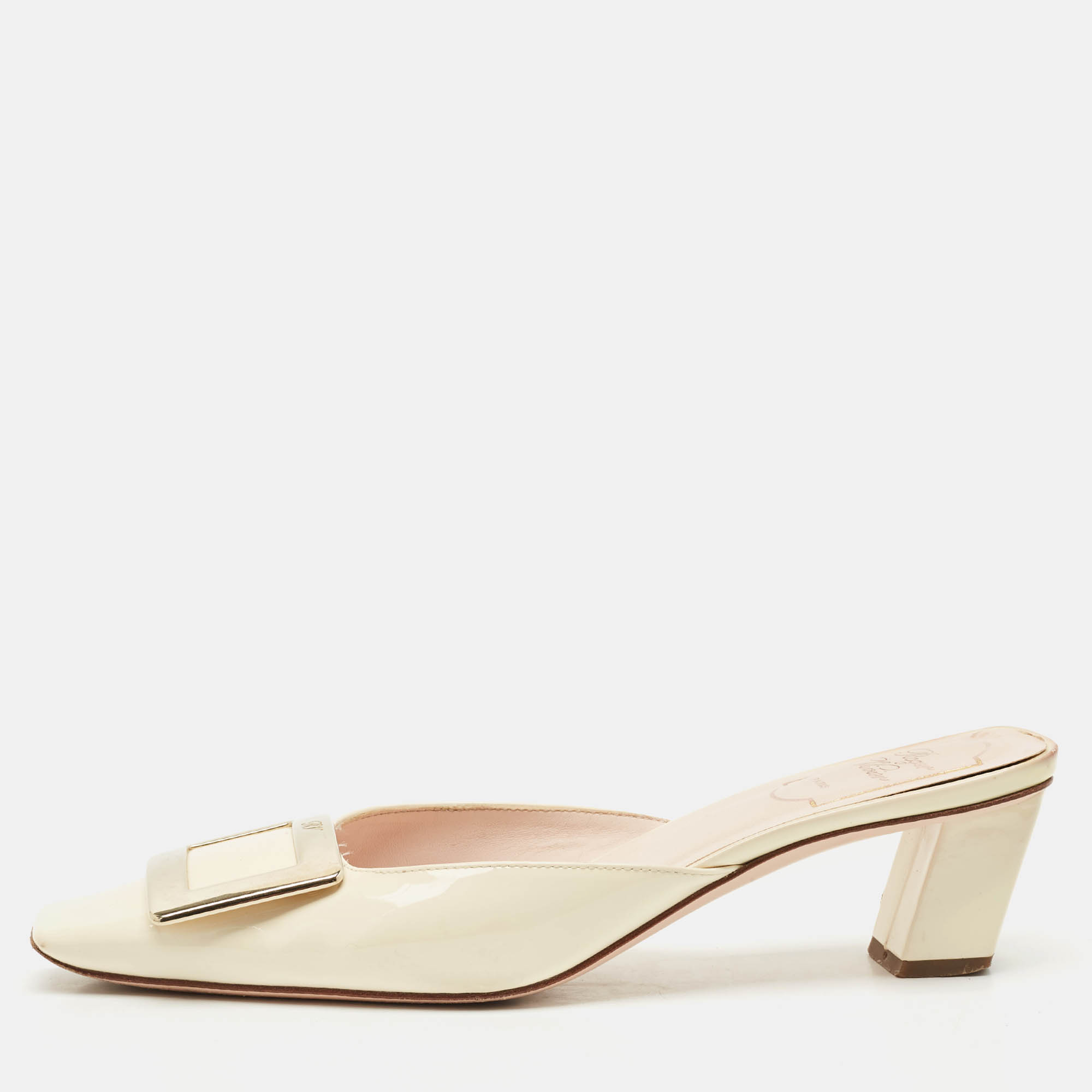 Roger Vivier Cream Patent Leather Belle Vivier Mules Size 37