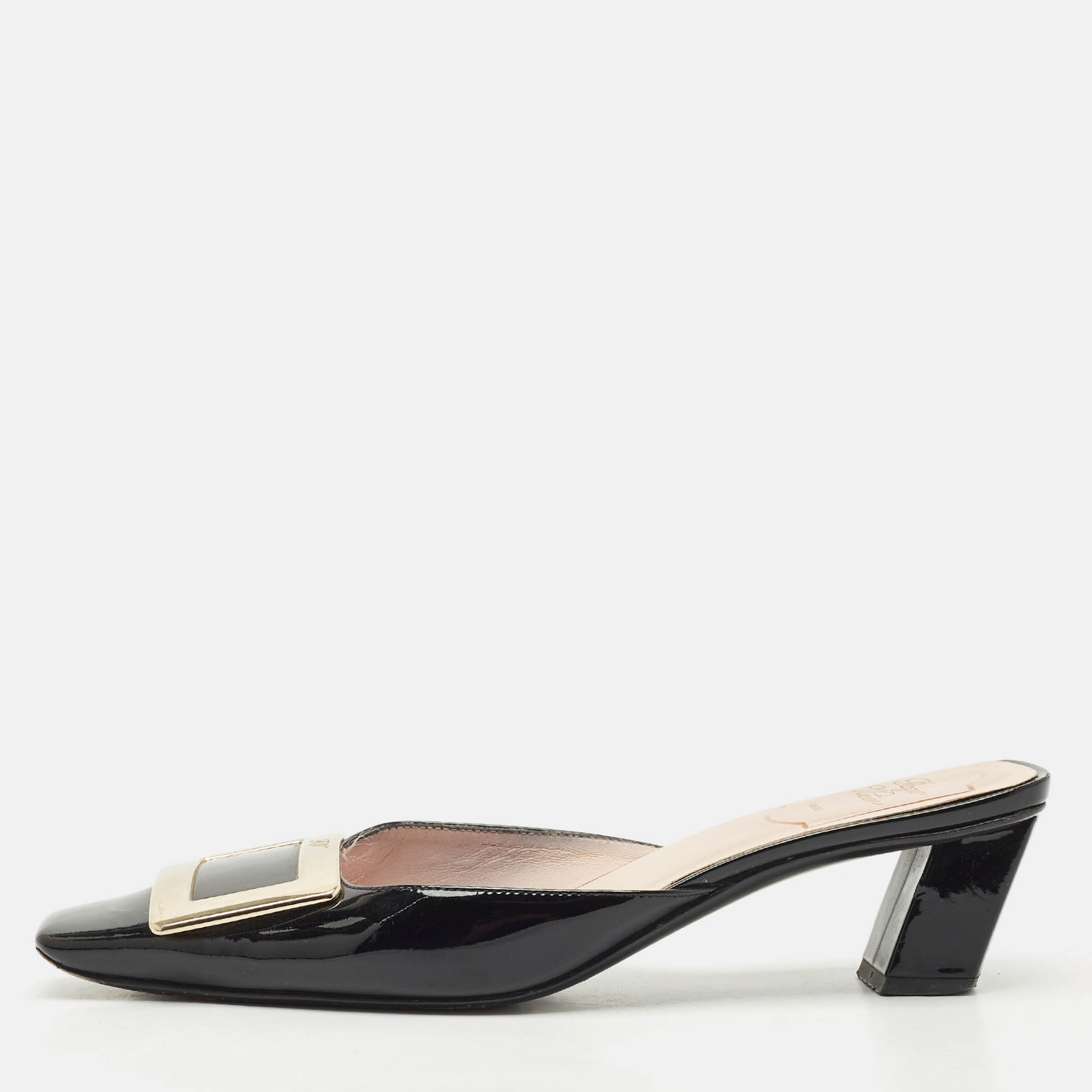 Roger Vivier Black Patent Leather Belle Vivier Mules Size 37