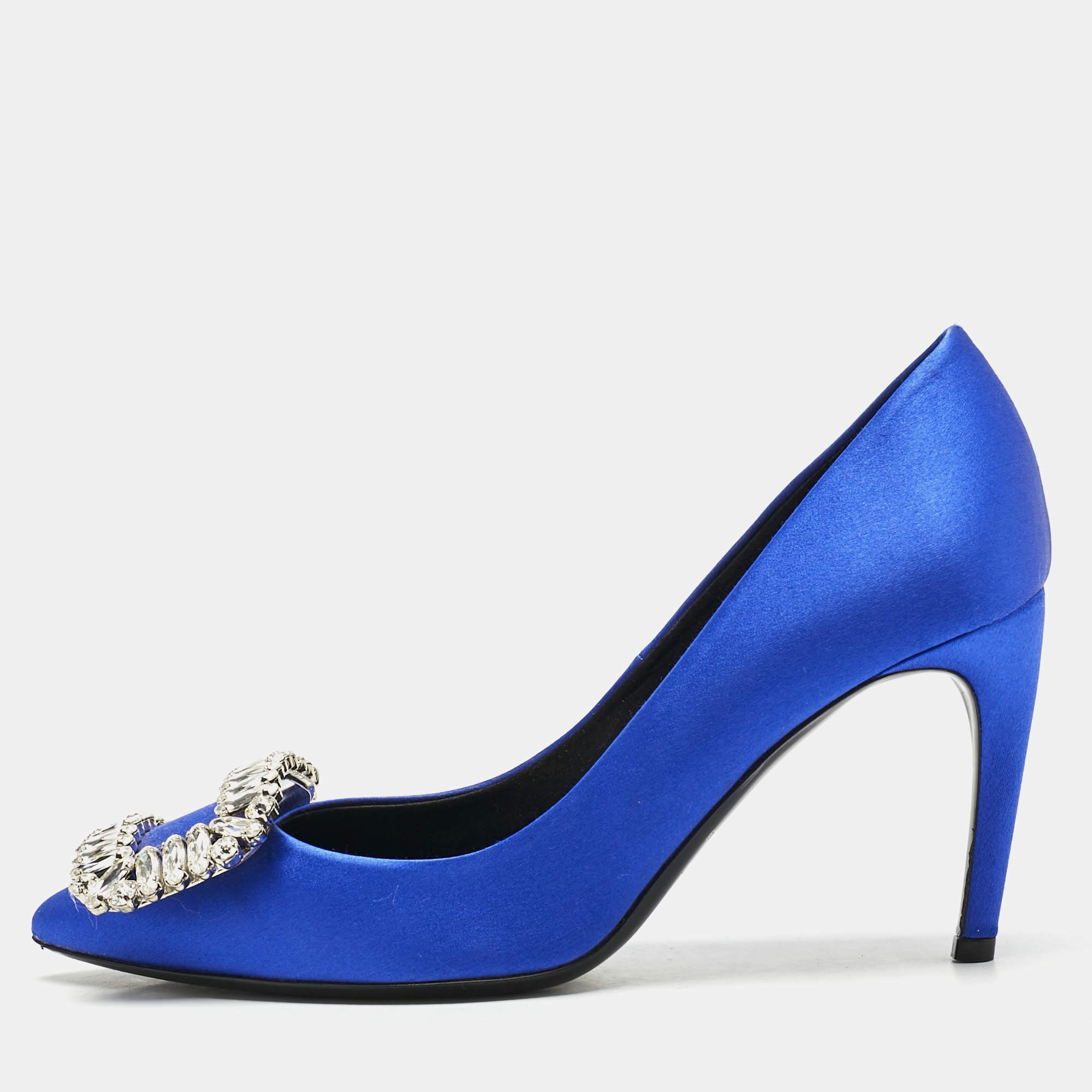 Pre Owned Roger Vivier Blue Satin Trompette Crystals Pumps Size 35.5