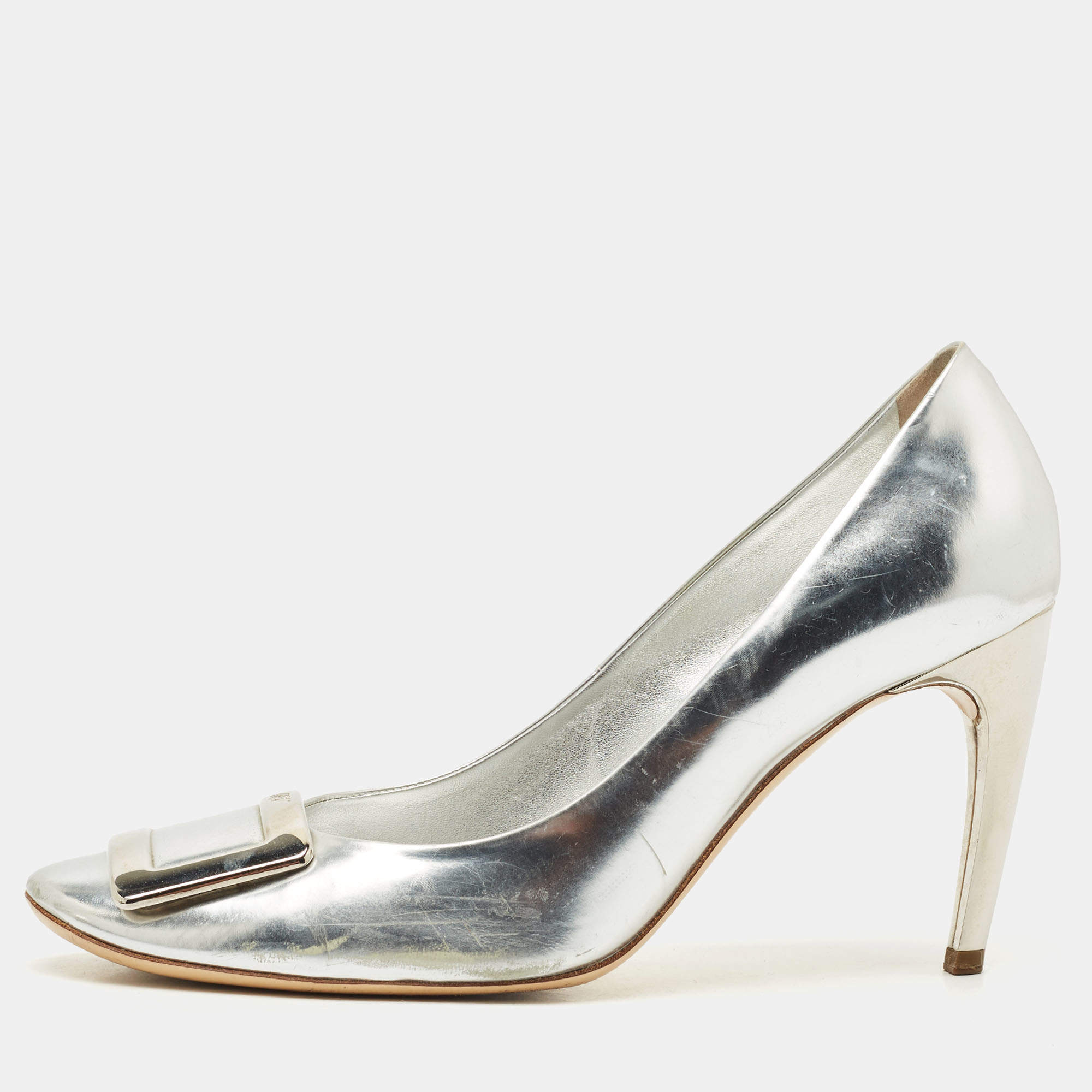 Pre Owned Roger Vivier Silver Leather Trompette Pumps Size 41