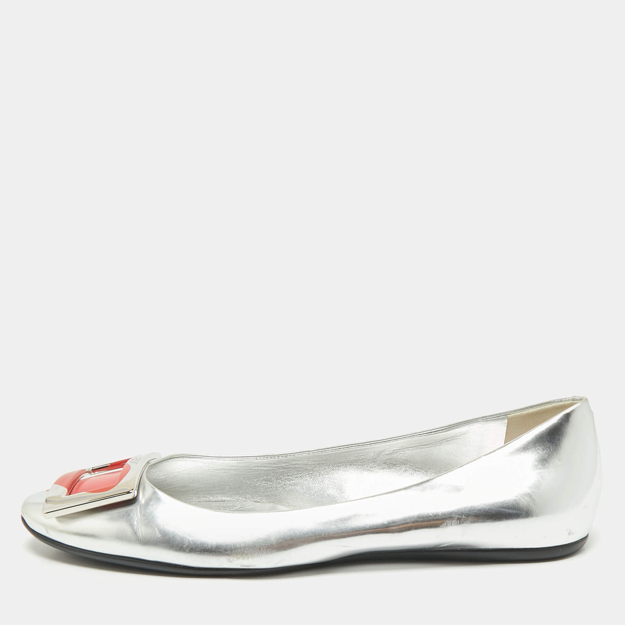 Pre Owned Roger Vivier Silver Leather Gommette Love Ballet Flats Size 41