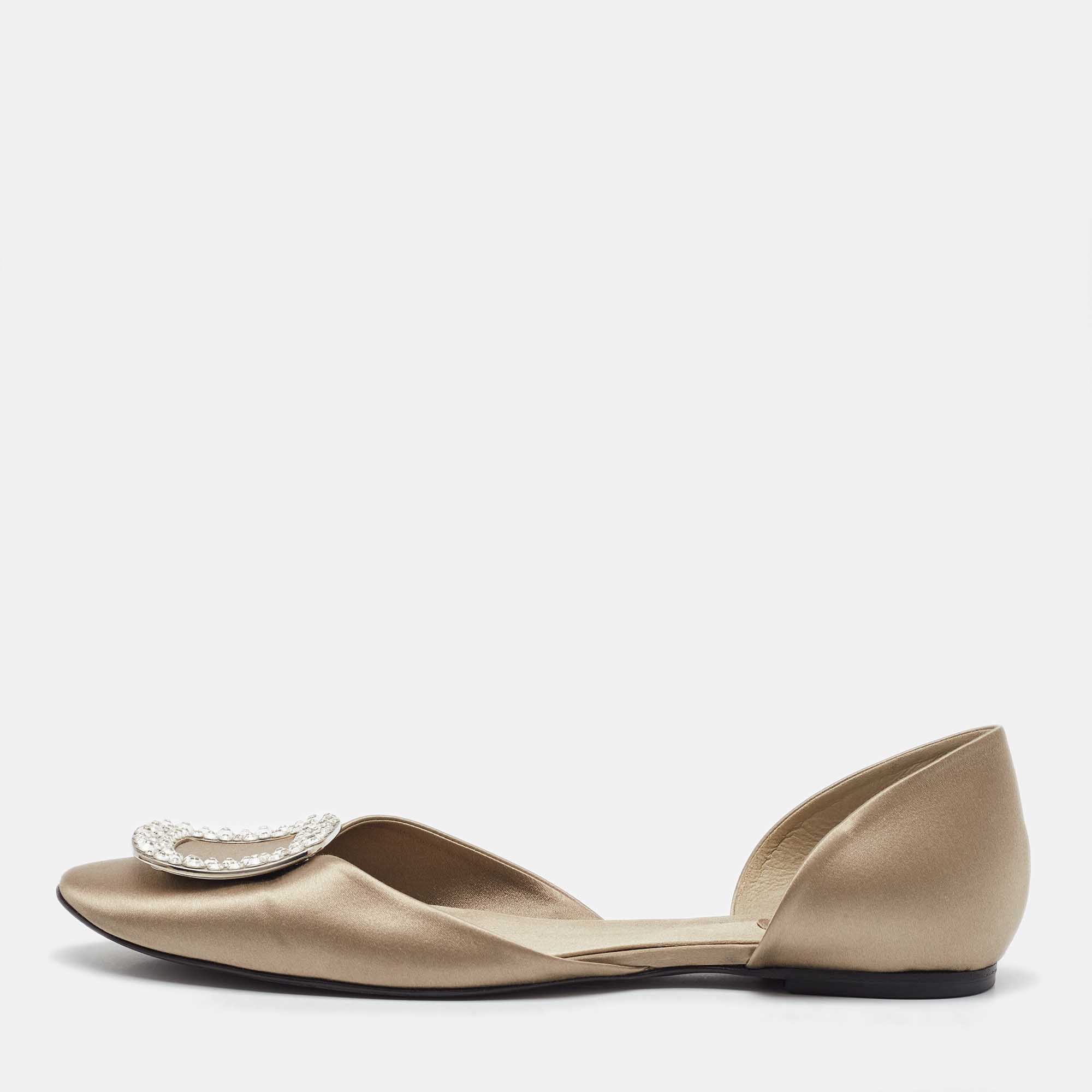 Pre Owned Roger Vivier Grey Satin Crystal Embellished Chips D'orsay Ballet Flats Size 39