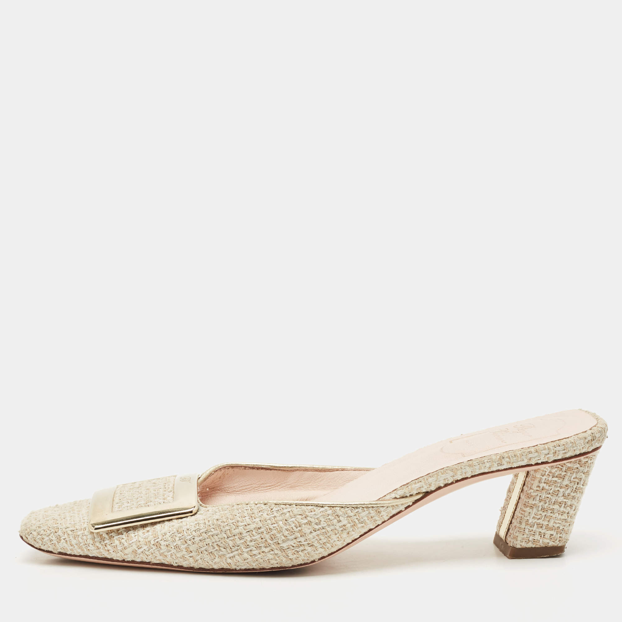 Pre Owned Roger Vivier Cream Tweed Belle Vivier Mules Size 37.5