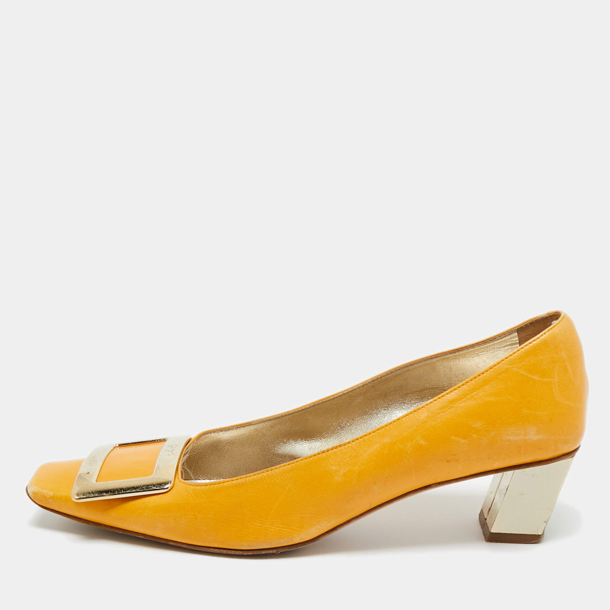 Pre Owned Roger Vivier Mustard Yellow Leather Belle Vivier Pumps Size 38