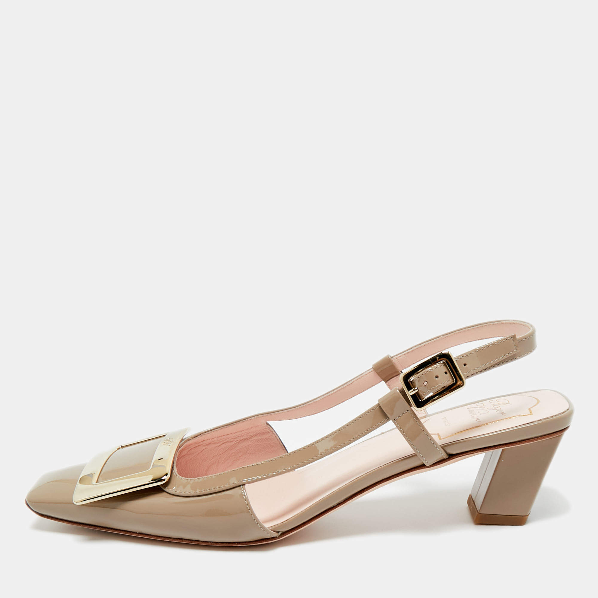 Pre Owned Roger Vivier Brown Patent Leather Trompette Slingback Pumps Size 38