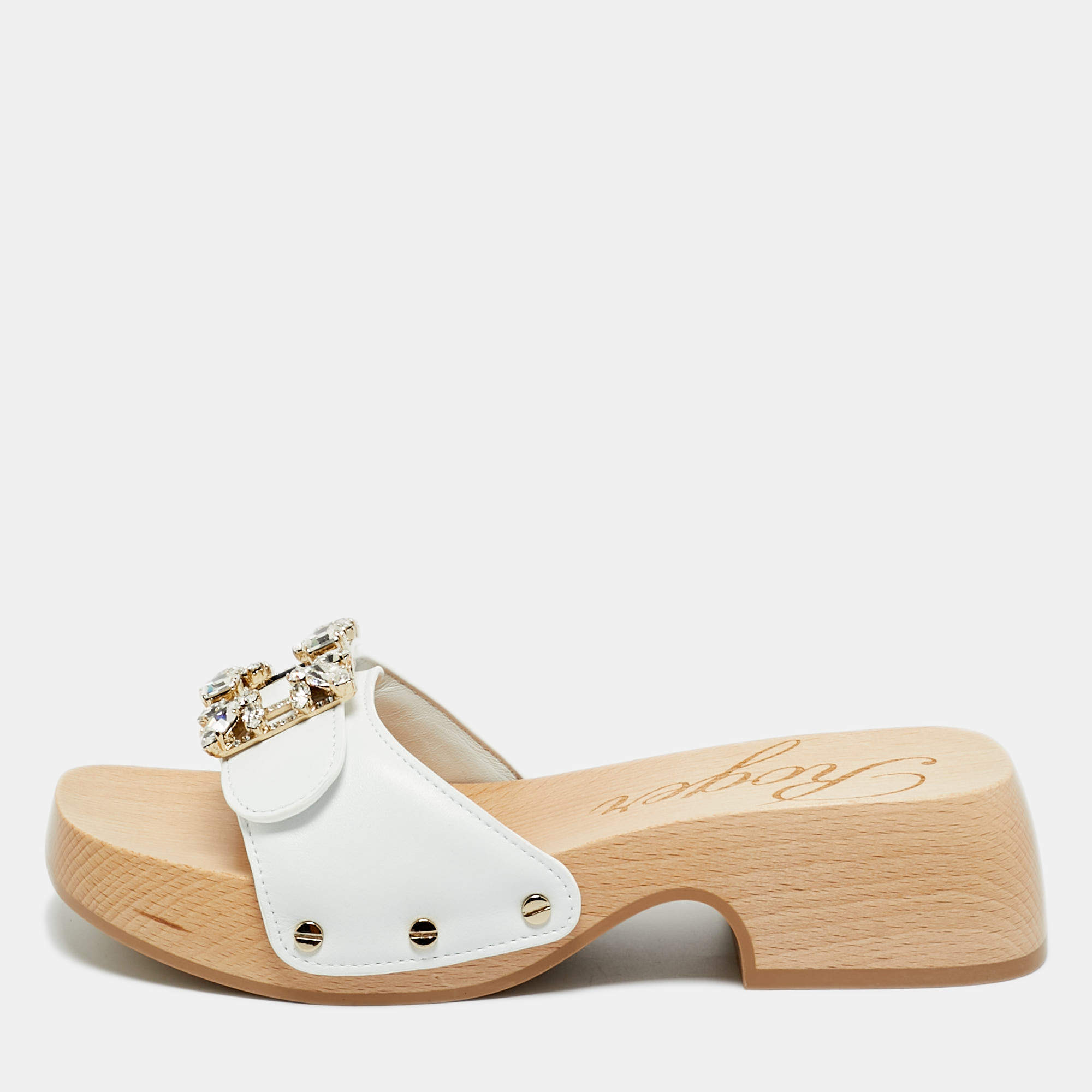 Pre Owned Roger Vivier White Leather Crystal Embellished Viv Clogs Size 34