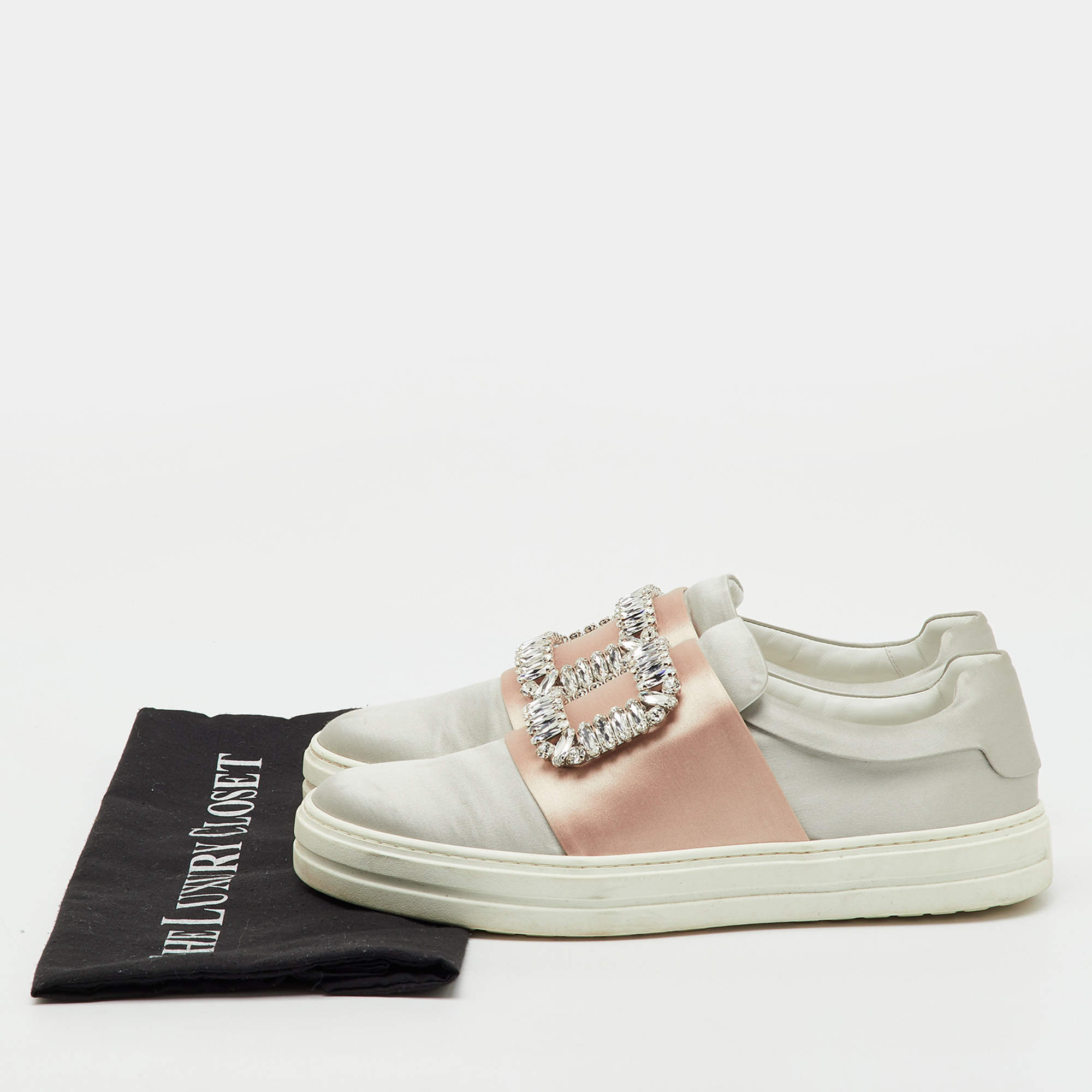 Roger Vivier Light Grey/Beige Satin Crystal Embellished