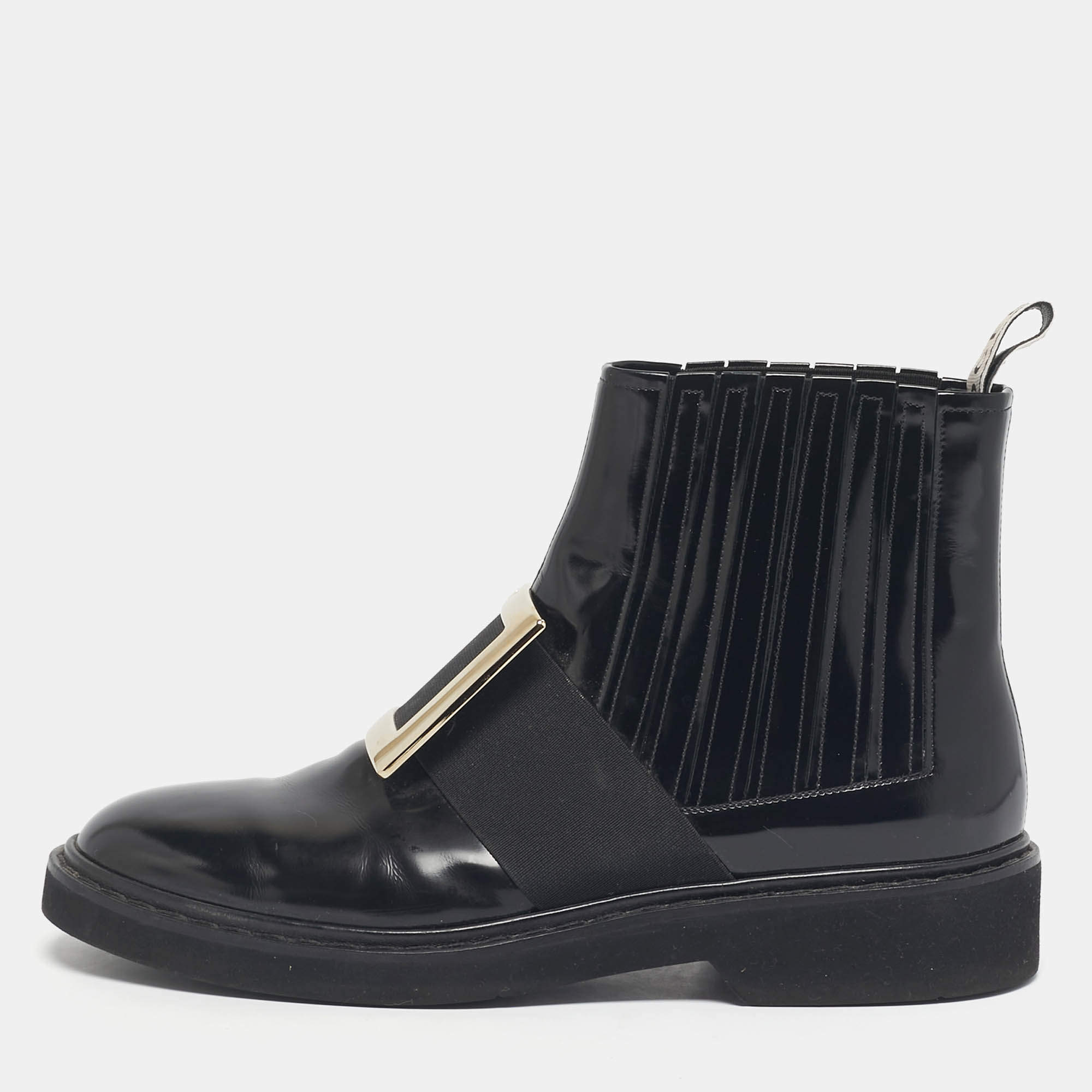 Pre Owned Roger Vivier Black Patent Leather Viv' Rangers Metal Buckle Chelsea Boots Size 40
