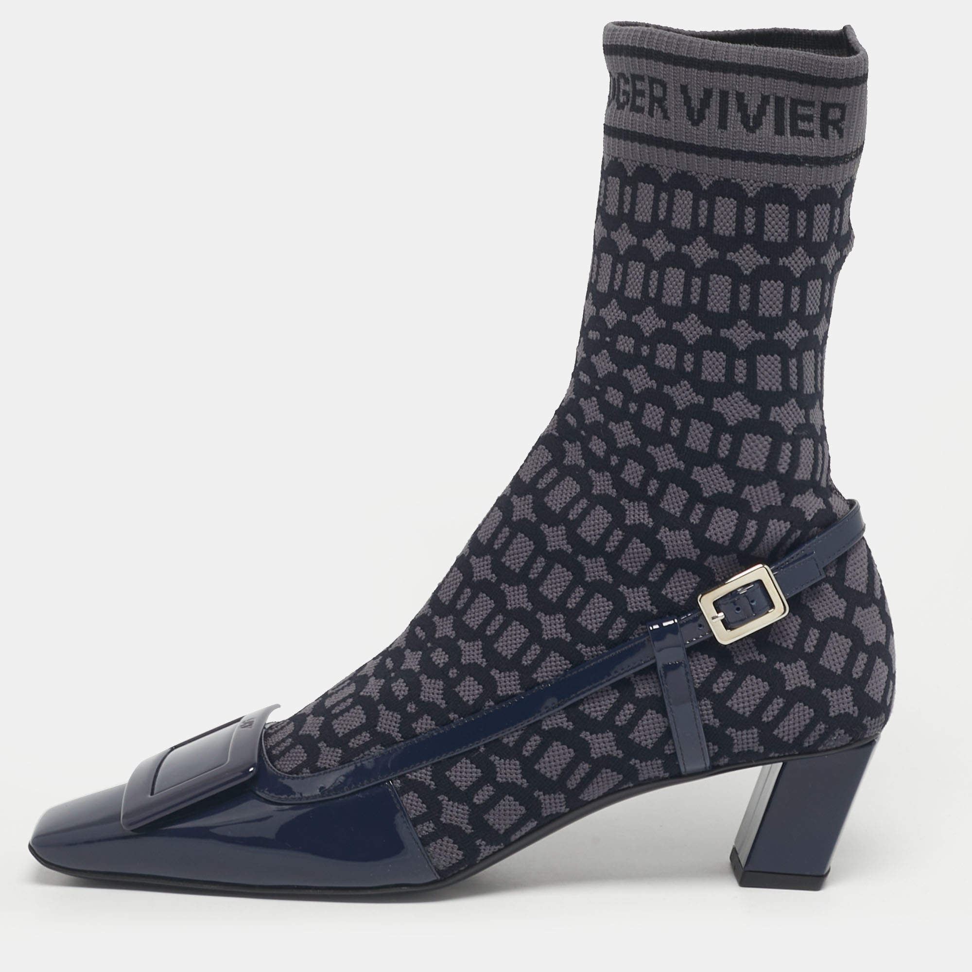 Pre Owned Roger Vivier Navy Blue Patent Leather and Knit Fabric Belle Vivier Sock Boots Size 40