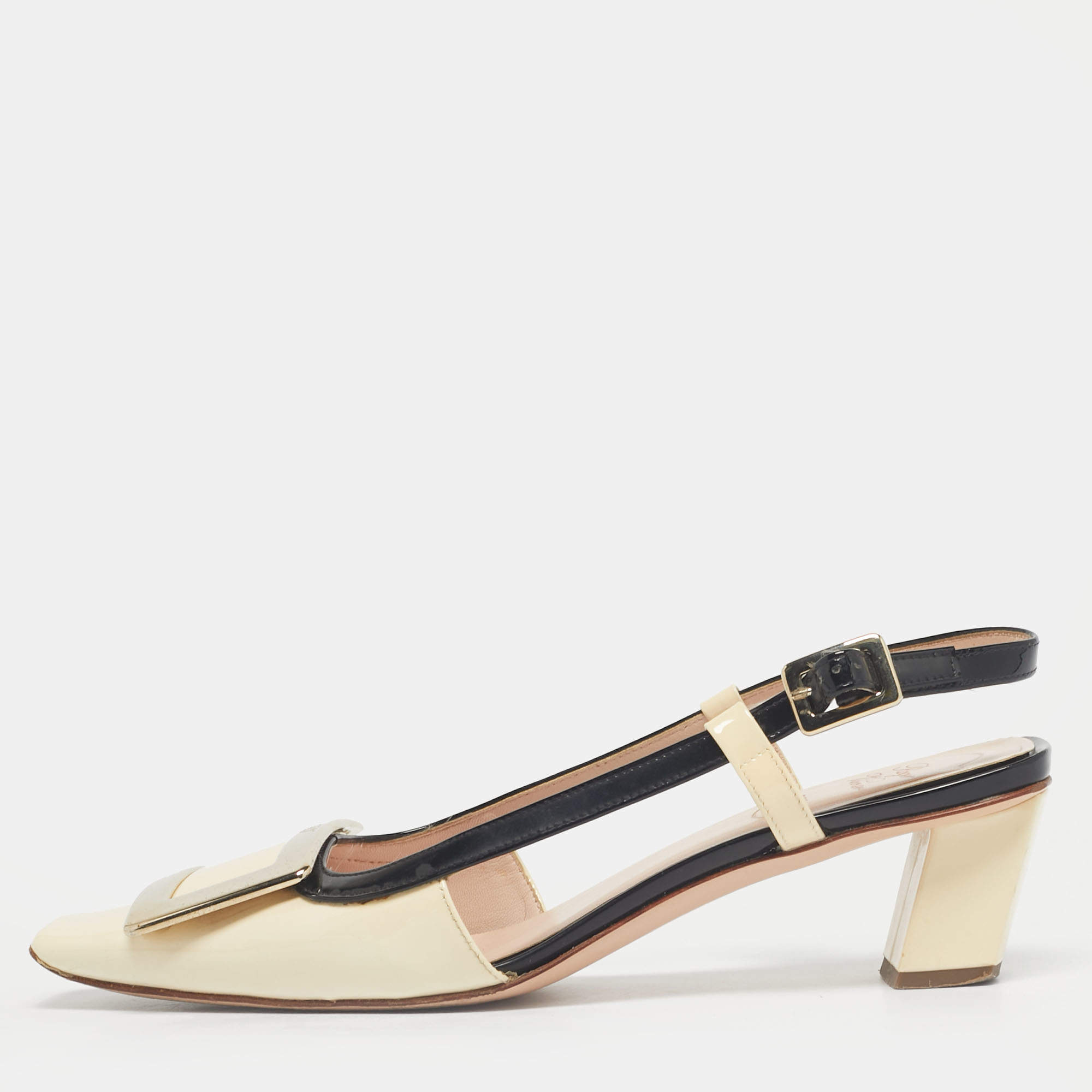 Pre Owned Roger Vivier Cream/Black Patent Leather Belle Vivier Slingback Pumps Size 36