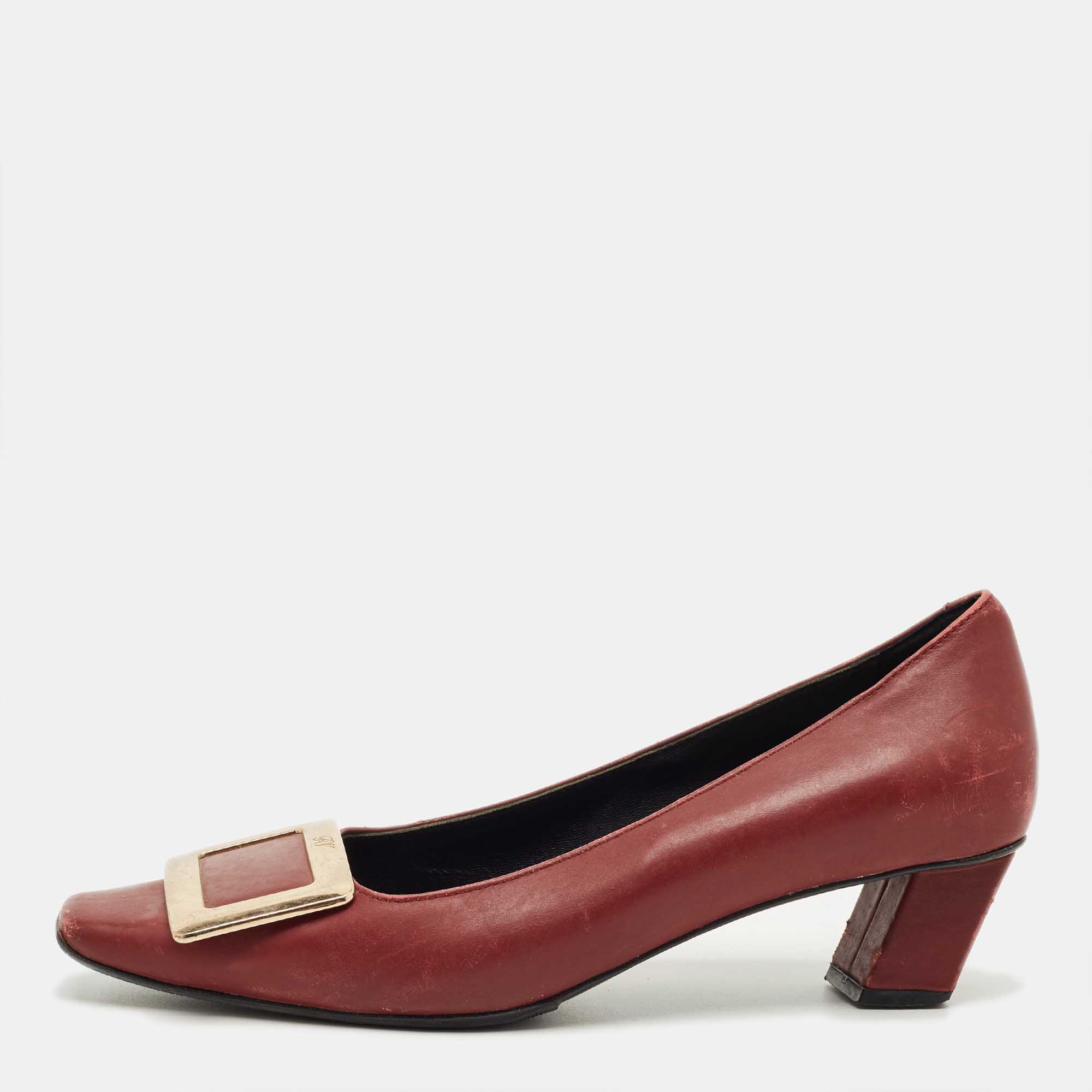 Pre Owned Roger Vivier Burgundy Leather Trompette Block Heel Pumps Size 36