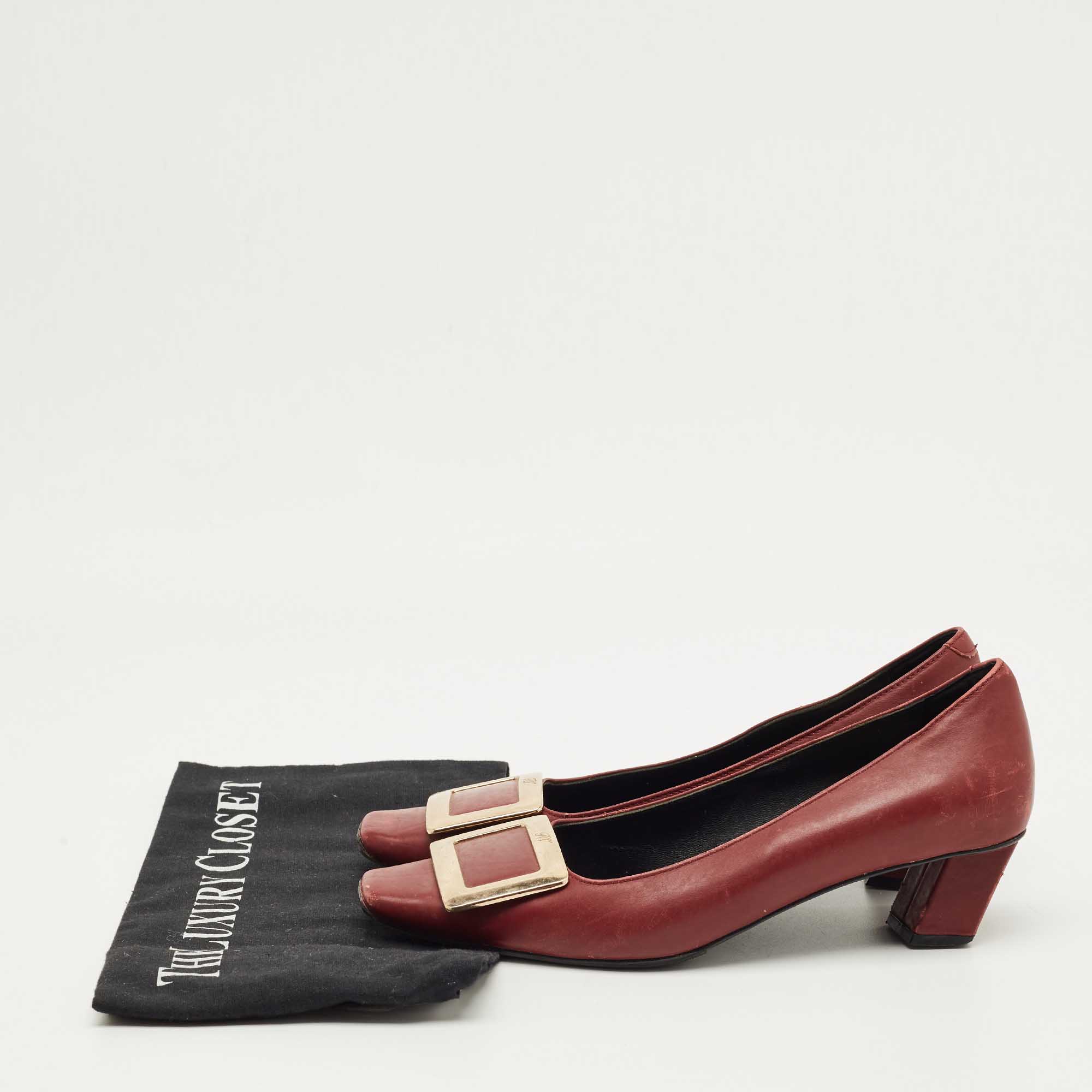 Pre Owned Roger Vivier Burgundy Leather Trompette Block Heel Pumps Size 36